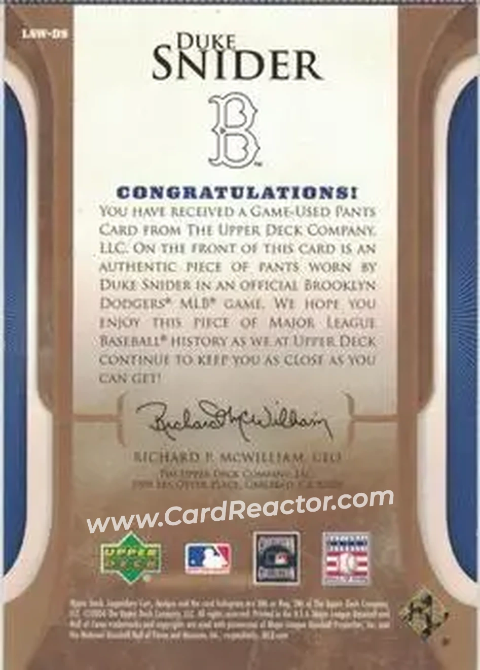 2004 SP Legendary Cuts - Legendary Swatches #LSW-DS - Edwin "Duke" Snider - Brooklyn Dodgers - Back