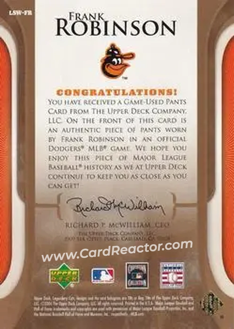 2004 SP Legendary Cuts - Legendary Swatches #LSW-FR - Frank Robinson - Baltimore Orioles - Back
