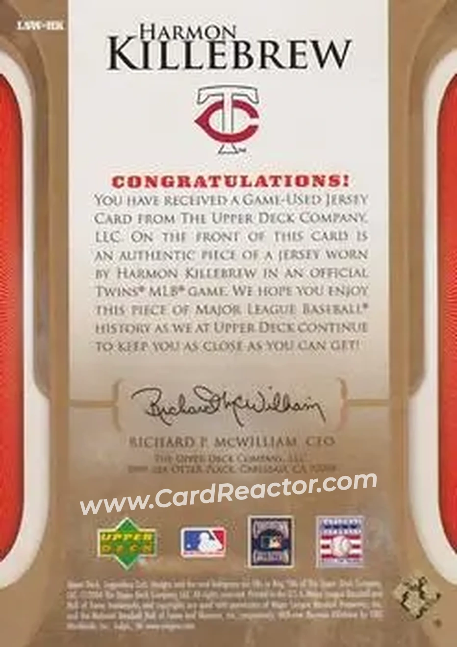 2004 SP Legendary Cuts - Legendary Swatches #LSW-HK - Harmon Killebrew - Minnesota Twins - Back