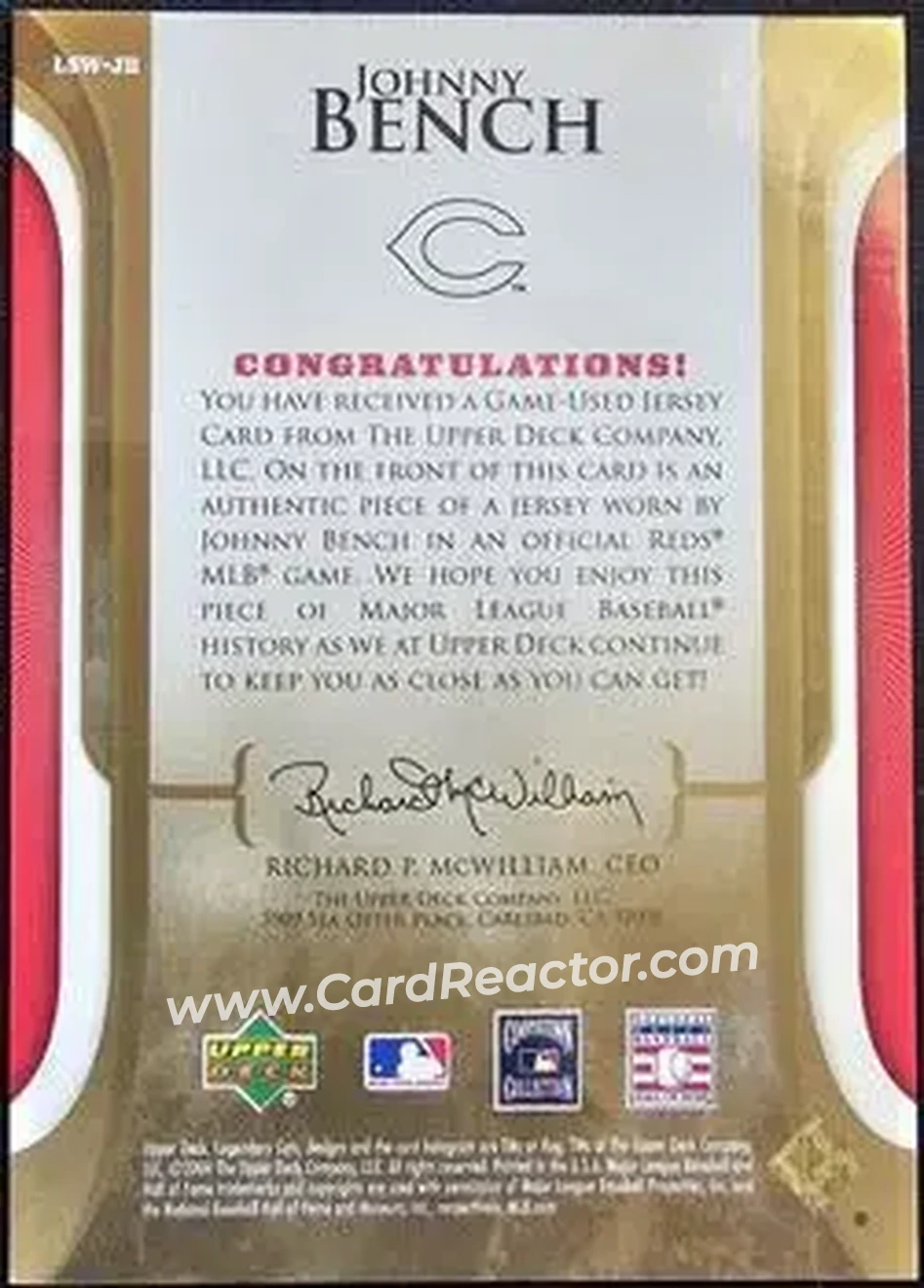 2004 SP Legendary Cuts - Legendary Swatches #LSW-JB - Johnny Bench - Cincinnati Reds - Back