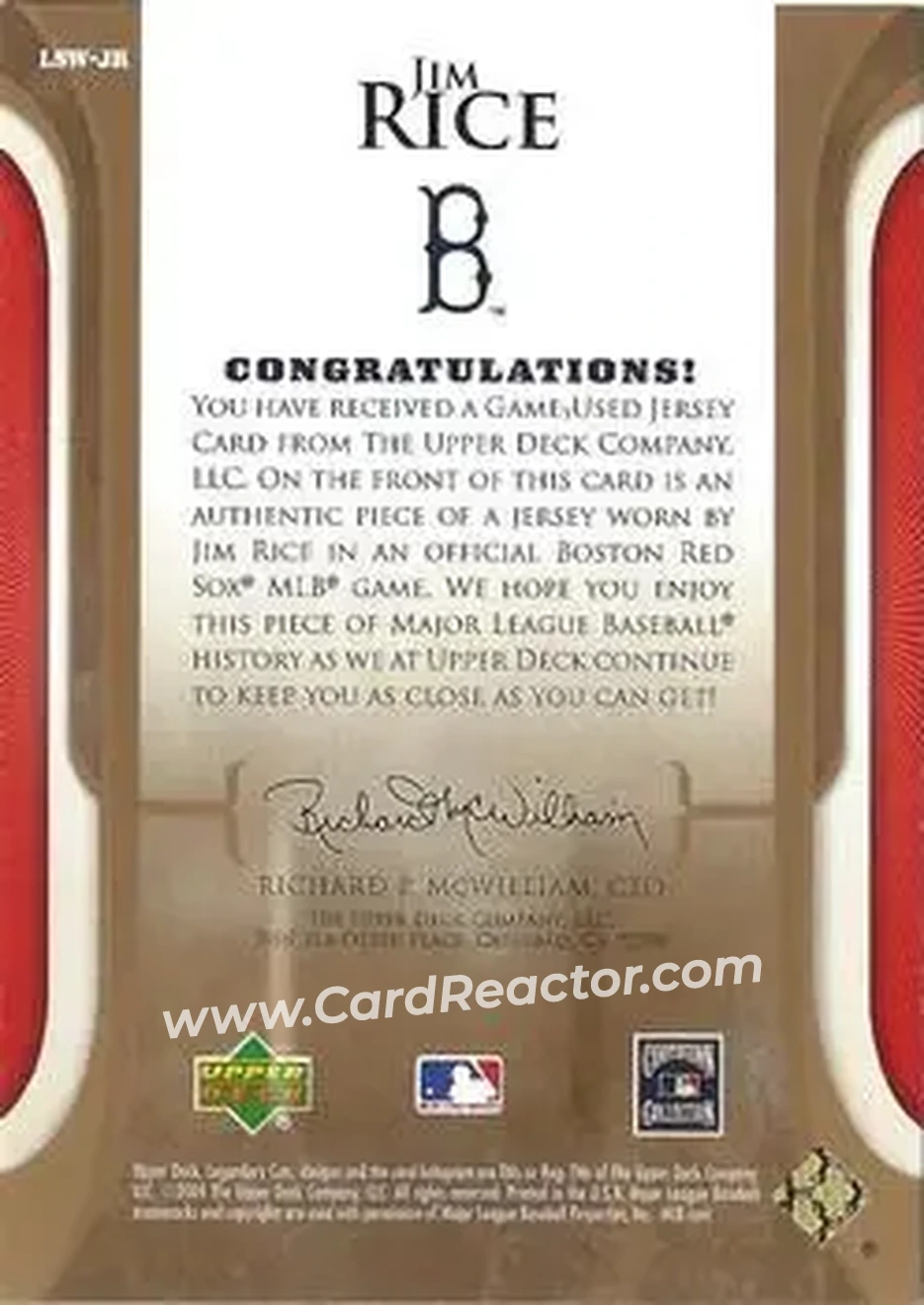 2004 SP Legendary Cuts - Legendary Swatches #LSW-JR - Jim Rice - Boston Red Sox - Back