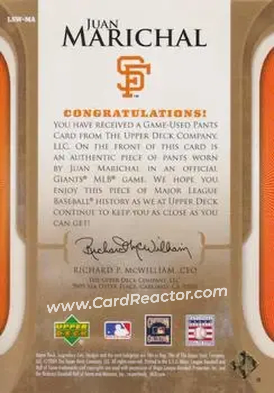 2004 SP Legendary Cuts - Legendary Swatches #LSW-MA - Juan Marichal - San Francisco Giants - Back
