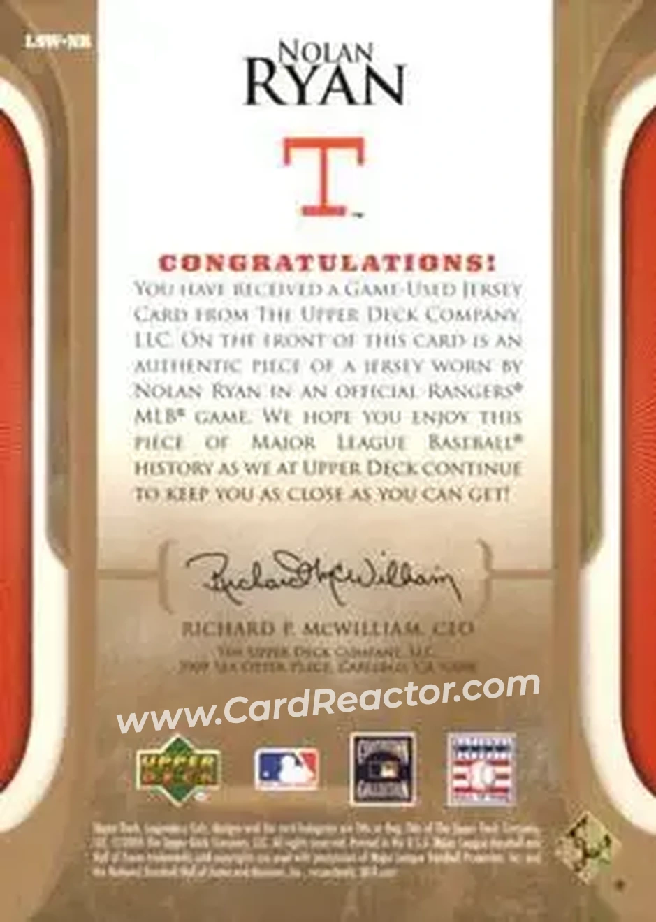 2004 SP Legendary Cuts - Legendary Swatches #LSW-NR - Nolan Ryan - Texas Rangers - Back