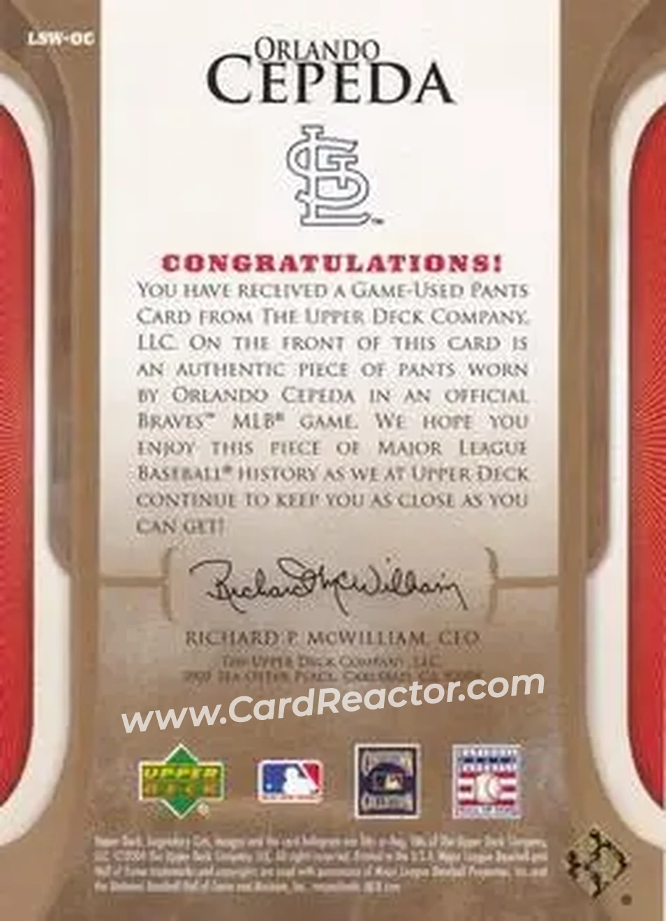 2004 SP Legendary Cuts - Legendary Swatches #LSW-OC - Orlando Cepeda - St. Louis Cardinals - Back