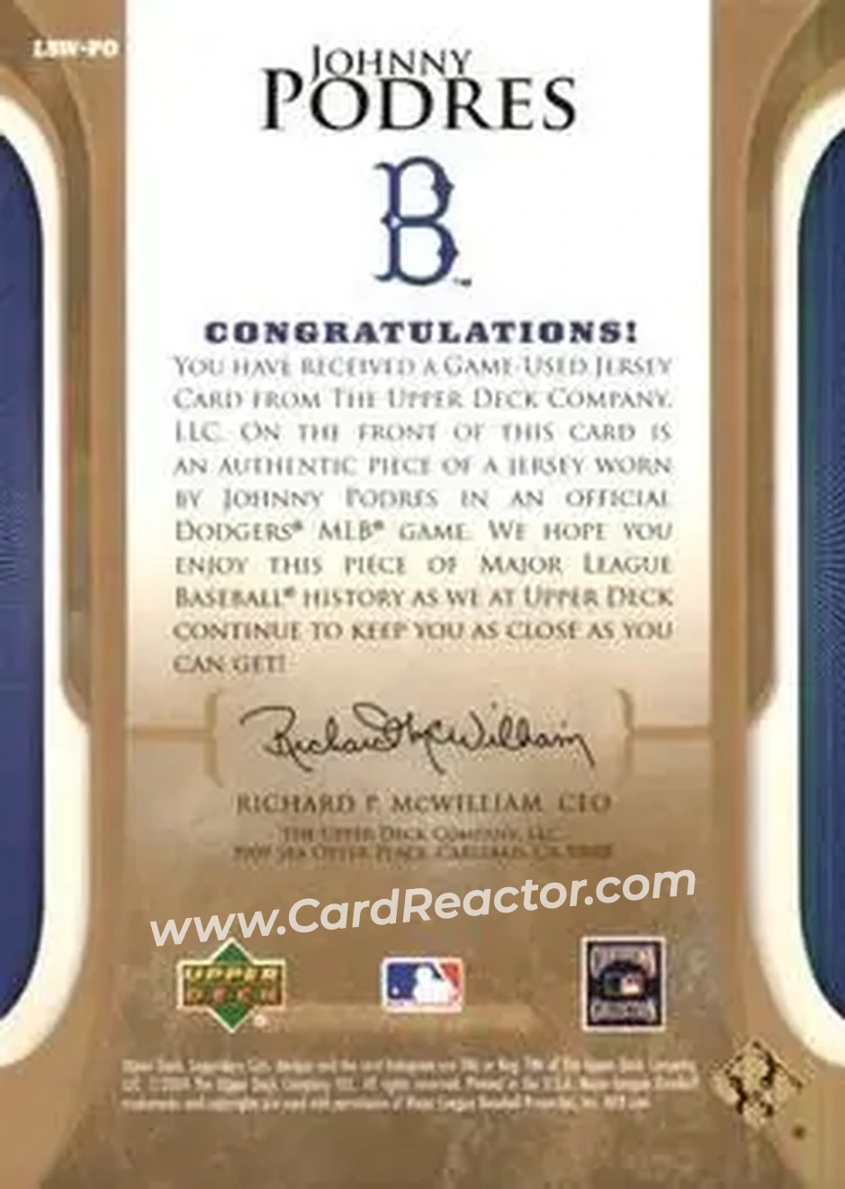 2004 SP Legendary Cuts - Legendary Swatches #LSW-PO - Johnny Podres - Brooklyn Dodgers - Back