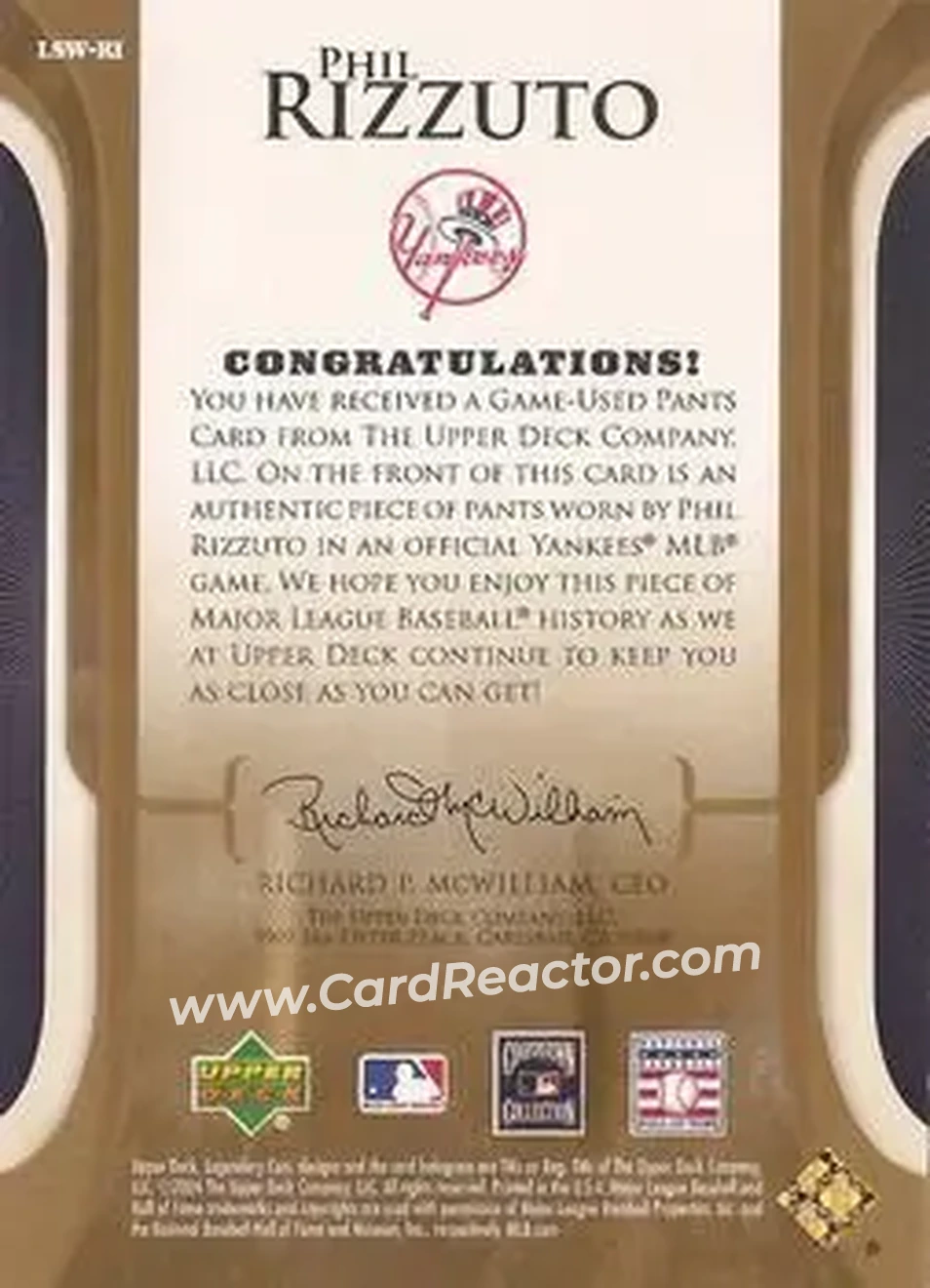 2004 SP Legendary Cuts - Legendary Swatches #LSW-RI - Phil Rizzuto - New York Yankees - Back
