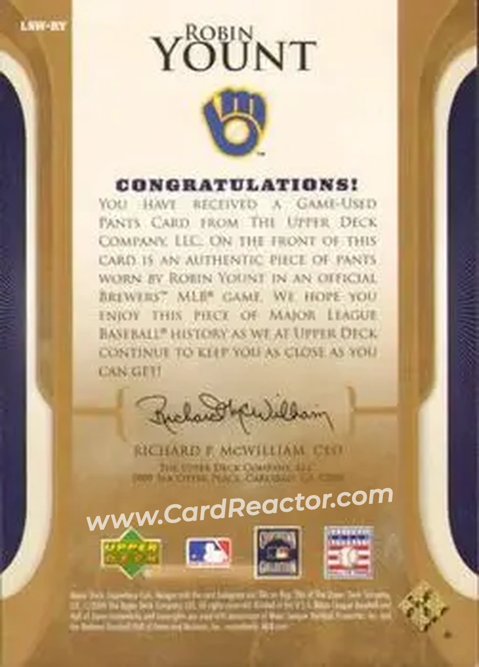 2004 SP Legendary Cuts - Legendary Swatches #LSW-RY - Robin Yount - Milwaukee Brewers - Back