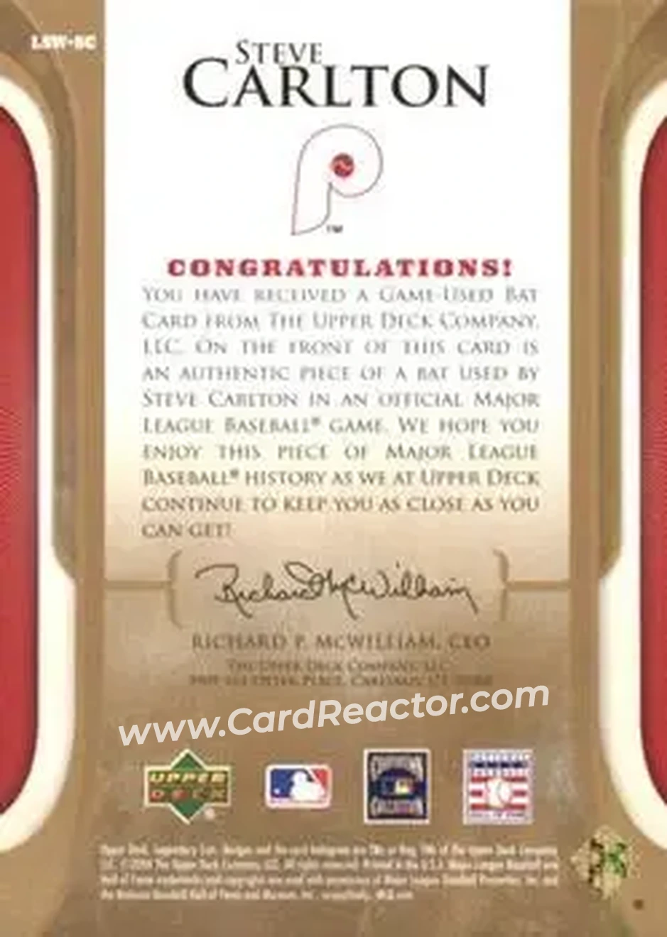 2004 SP Legendary Cuts - Legendary Swatches #LSW-SC - Steve Carlton - Philadelphia Phillies - Back