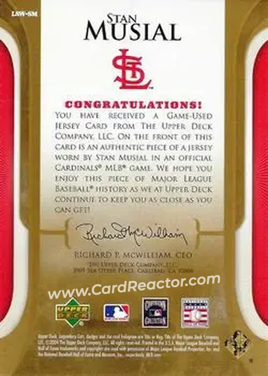 2004 SP Legendary Cuts - Legendary Swatches #LSW-SM - Stan Musial - St. Louis Cardinals - Back