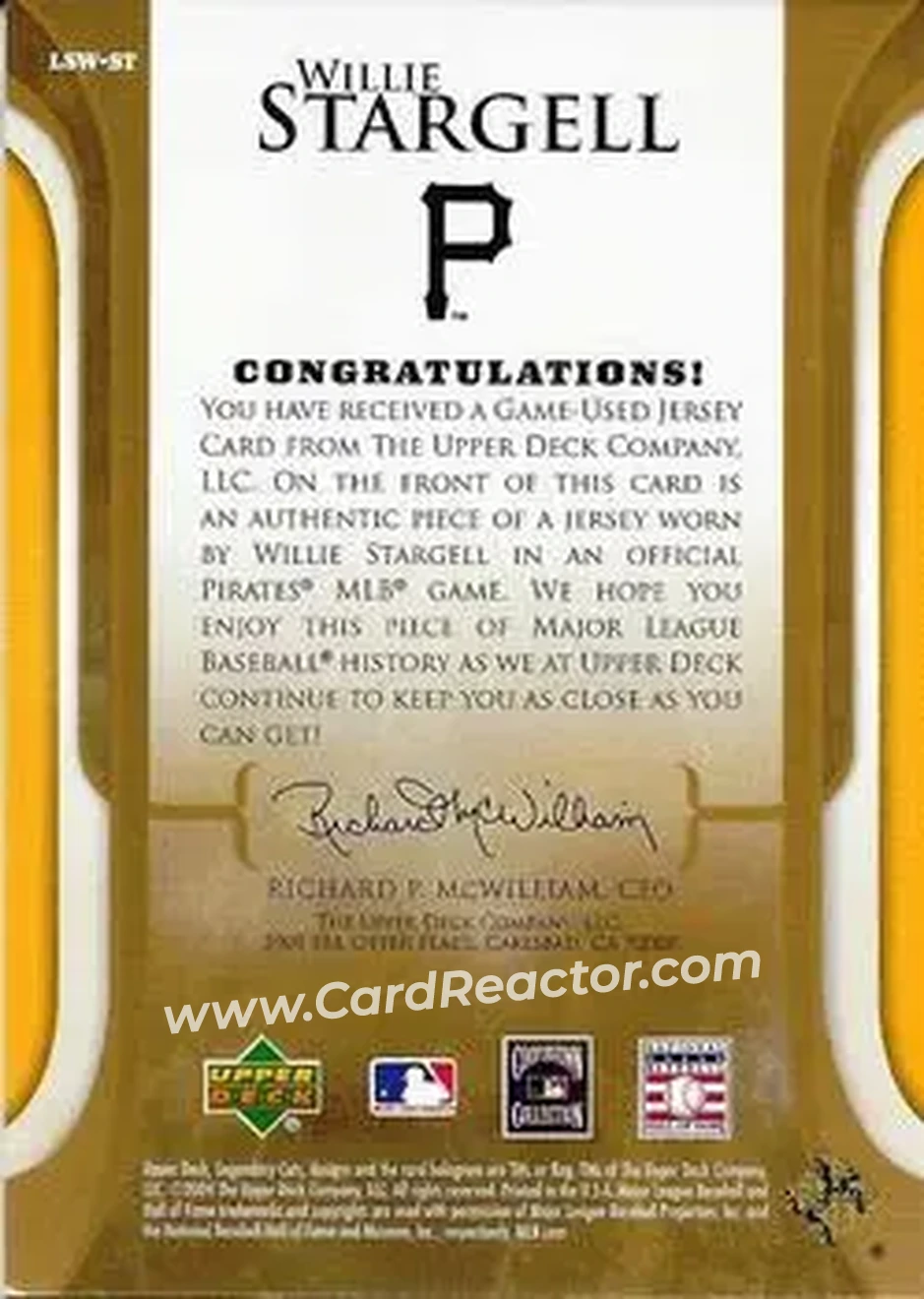 2004 SP Legendary Cuts - Legendary Swatches #LSW-ST - Willie Stargell - Pittsburgh Pirates - Back