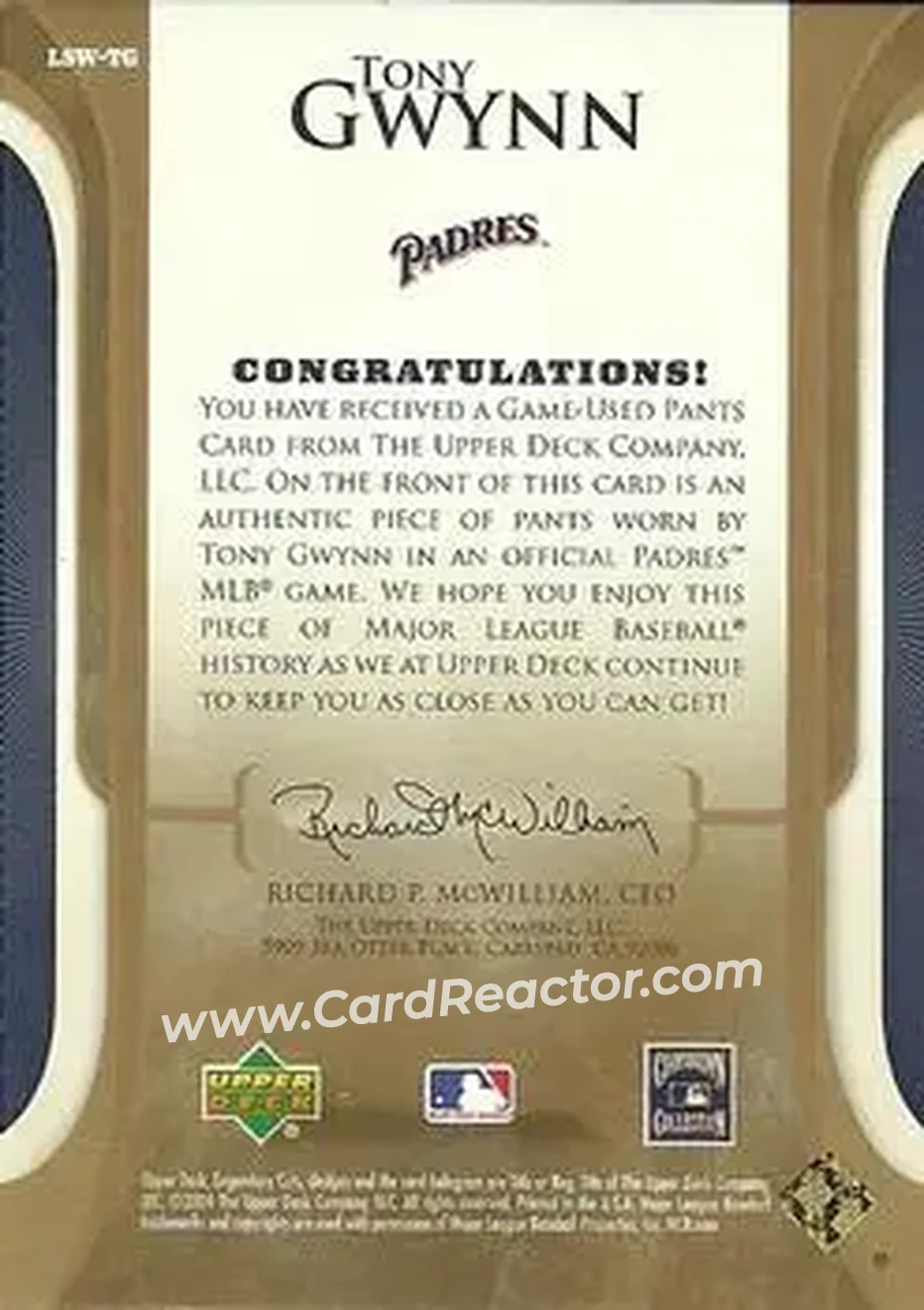 2004 SP Legendary Cuts - Legendary Swatches #LSW-TG - Tony Gwynn - San Diego Padres - Back