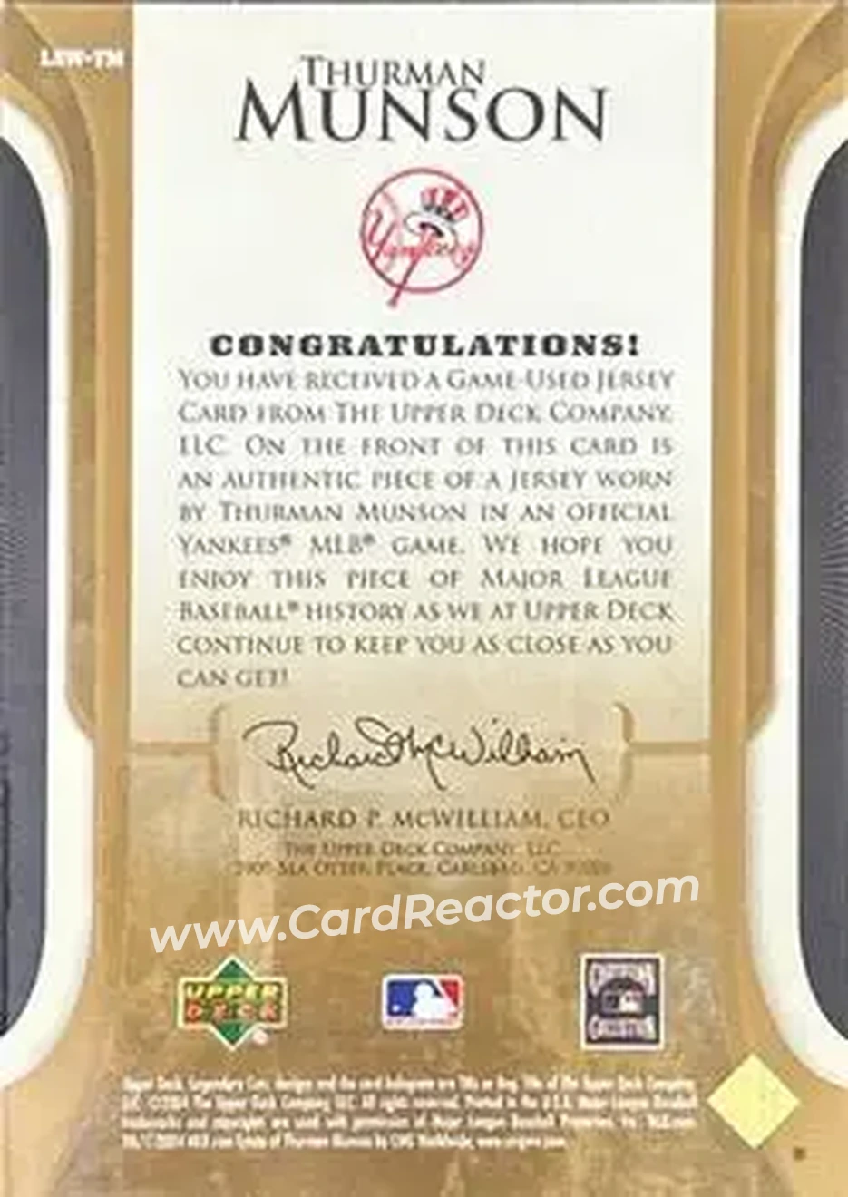 2004 SP Legendary Cuts - Legendary Swatches #LSW-TM - Thurman Munson - New York Yankees - Back