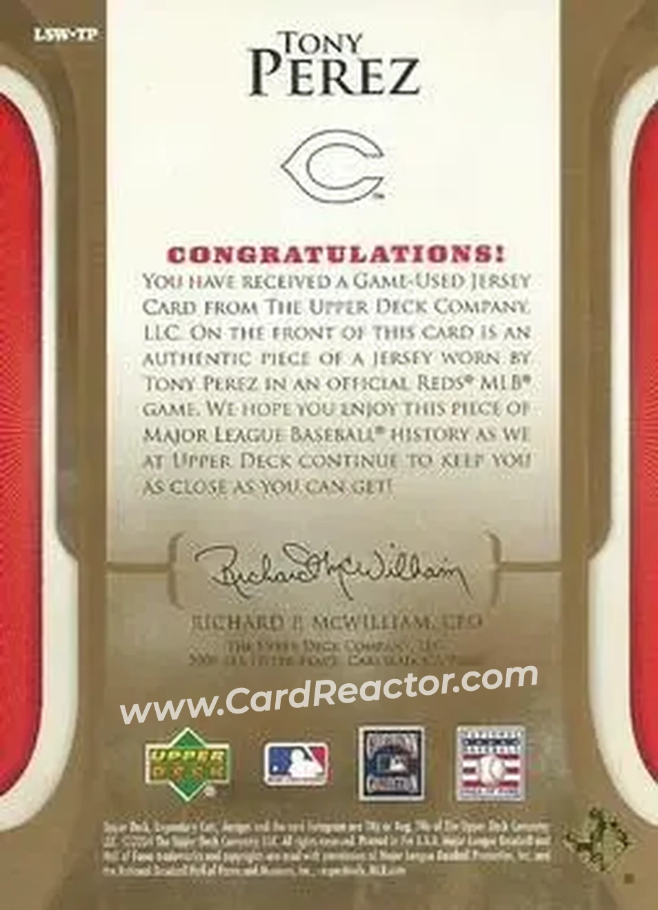 2004 SP Legendary Cuts - Legendary Swatches #LSW-TP - Tony Pérez - Cincinnati Reds - Back