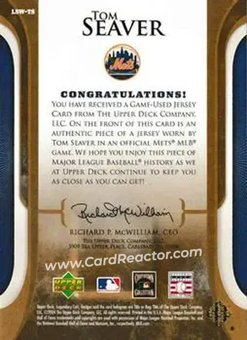 2004 SP Legendary Cuts - Legendary Swatches #LSW-TS - Tom Seaver - New York Mets - Back