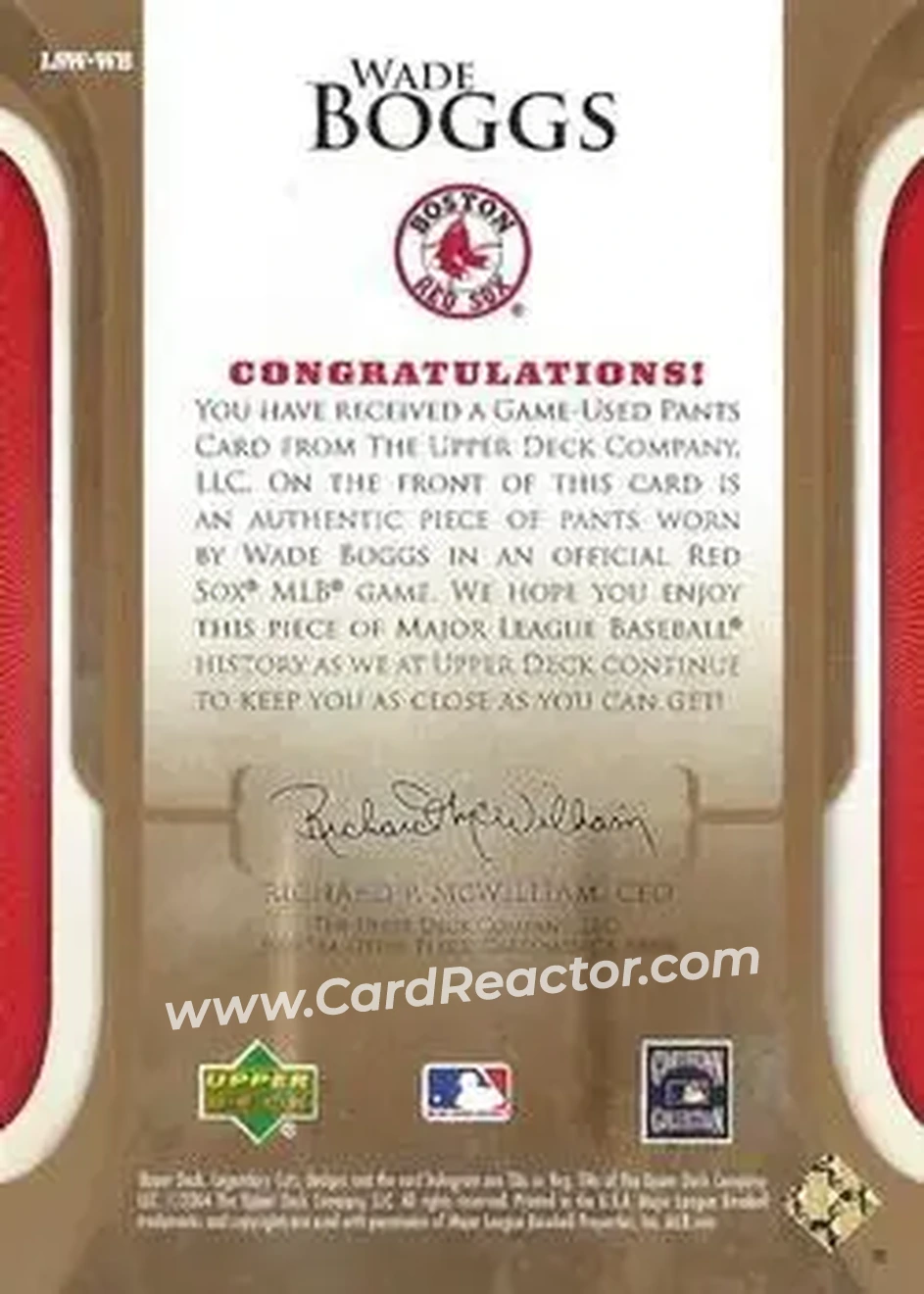 2004 SP Legendary Cuts - Legendary Swatches #LSW-WB - Wade Boggs - Boston Red Sox - Back