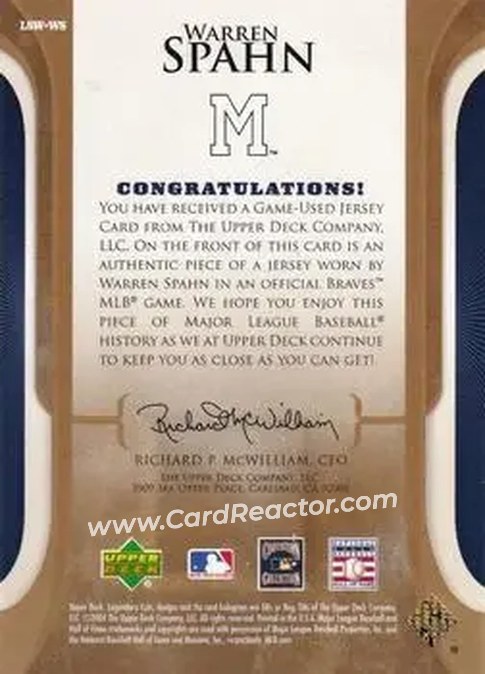 2004 SP Legendary Cuts - Legendary Swatches #LSW-WS - Warren Spahn - Milwaukee Braves - Back