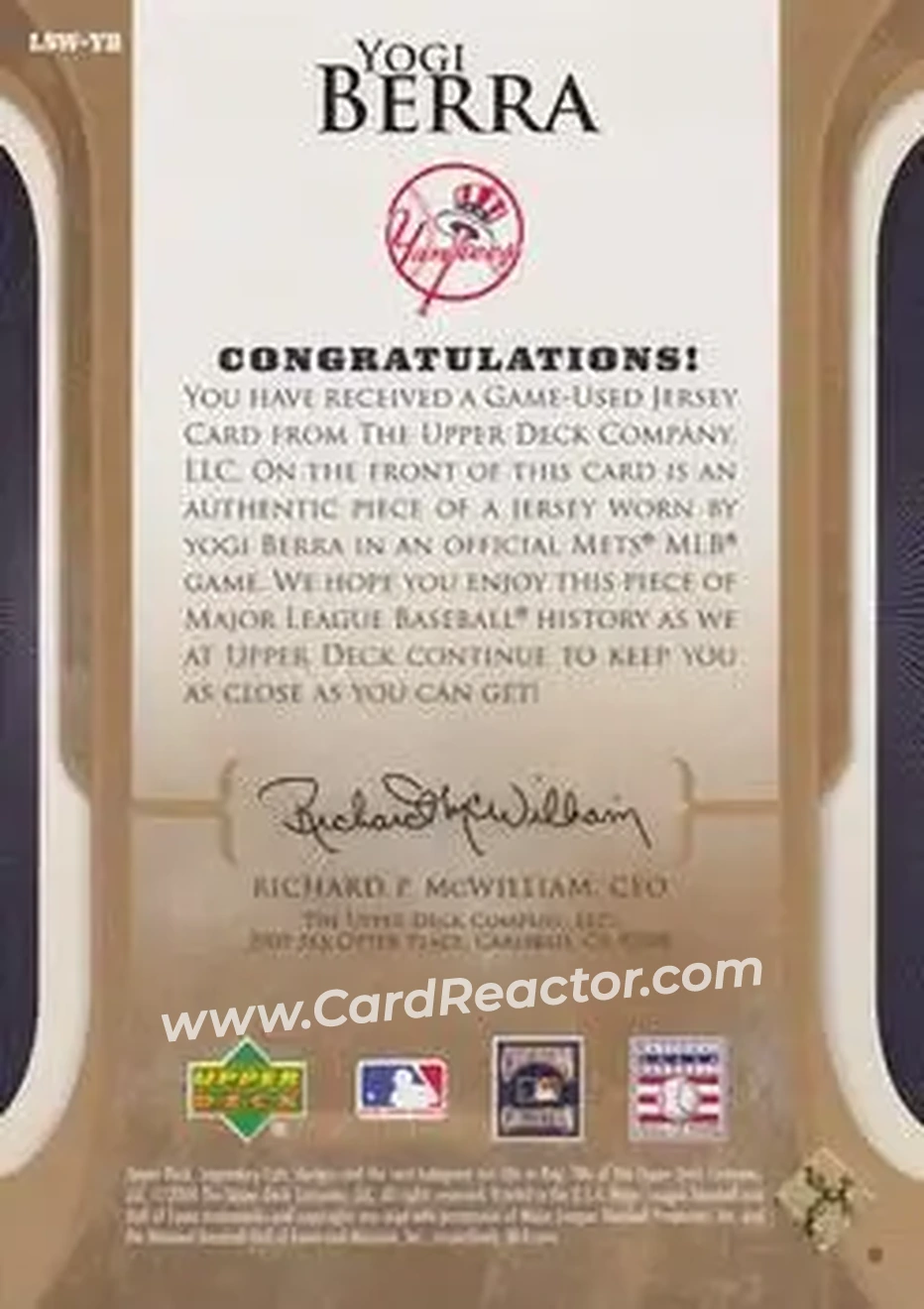 2004 SP Legendary Cuts - Legendary Swatches #LSW-YB - Larry "Yogi" Berra - New York Yankees - Back