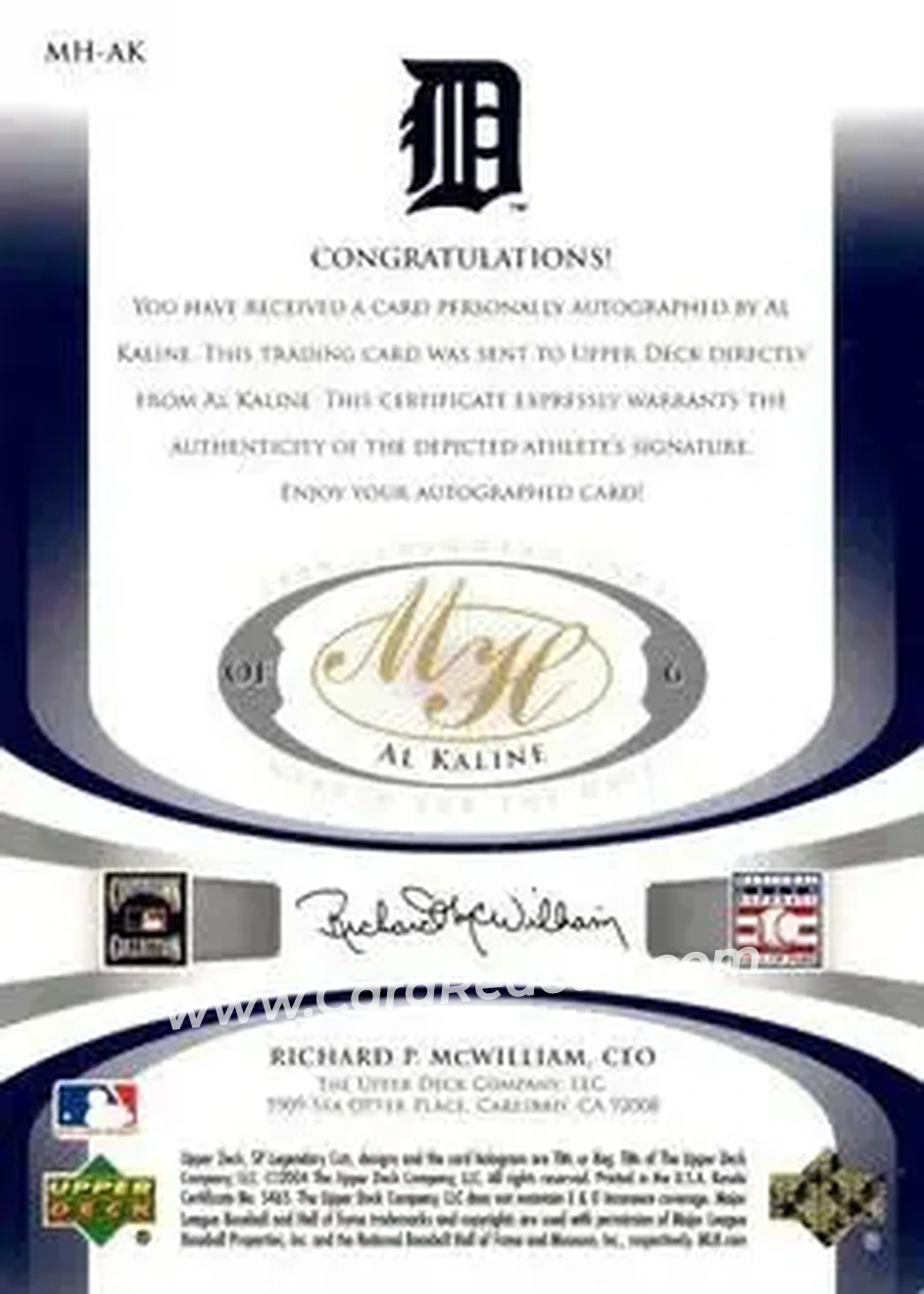 2004 SP Legendary Cuts - Marked for the Hall #MH-AK - Al Kaline - Detroit Tigers - Back