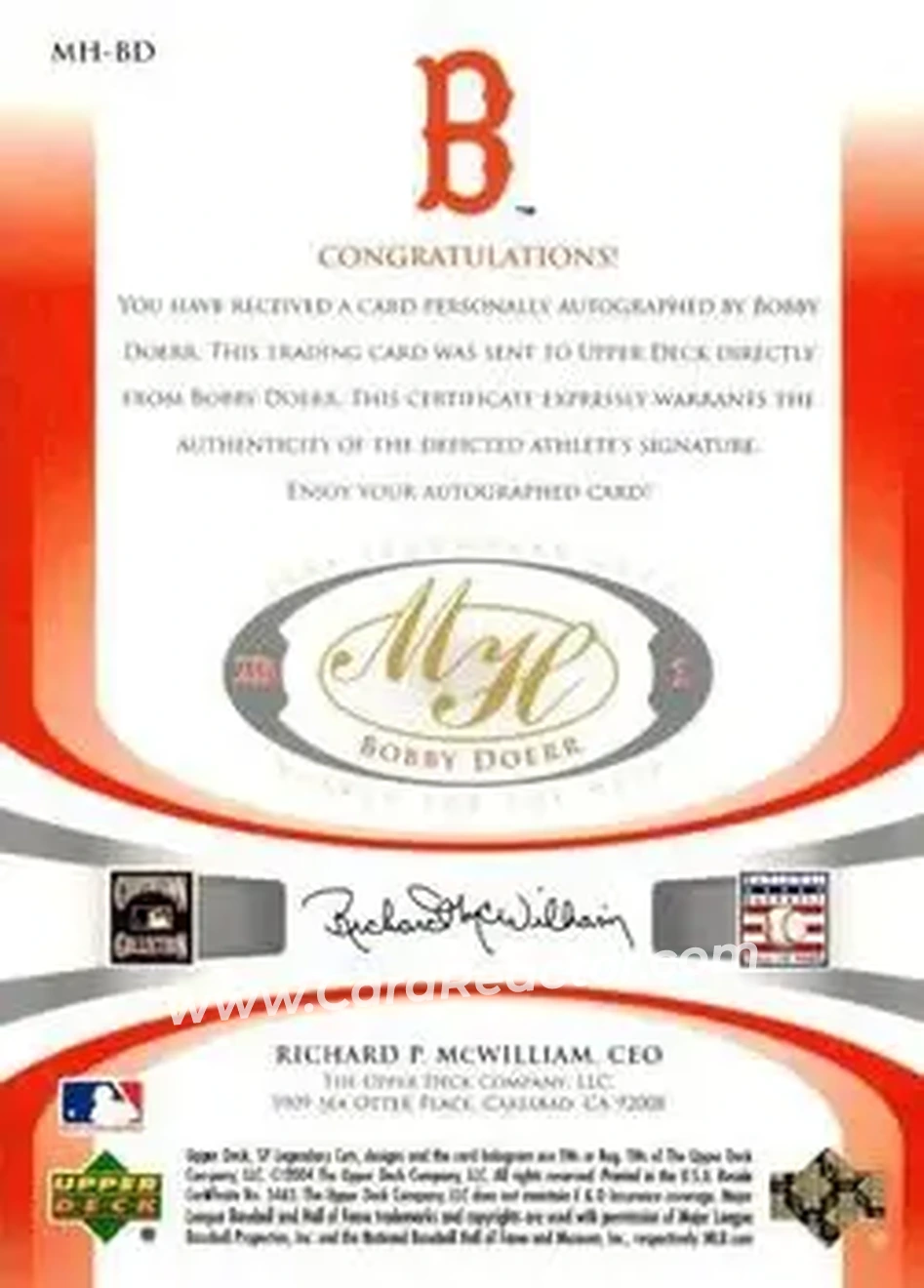 2004 SP Legendary Cuts - Marked for the Hall #MH-BD - Bobby Doerr - Boston Red Sox - Back