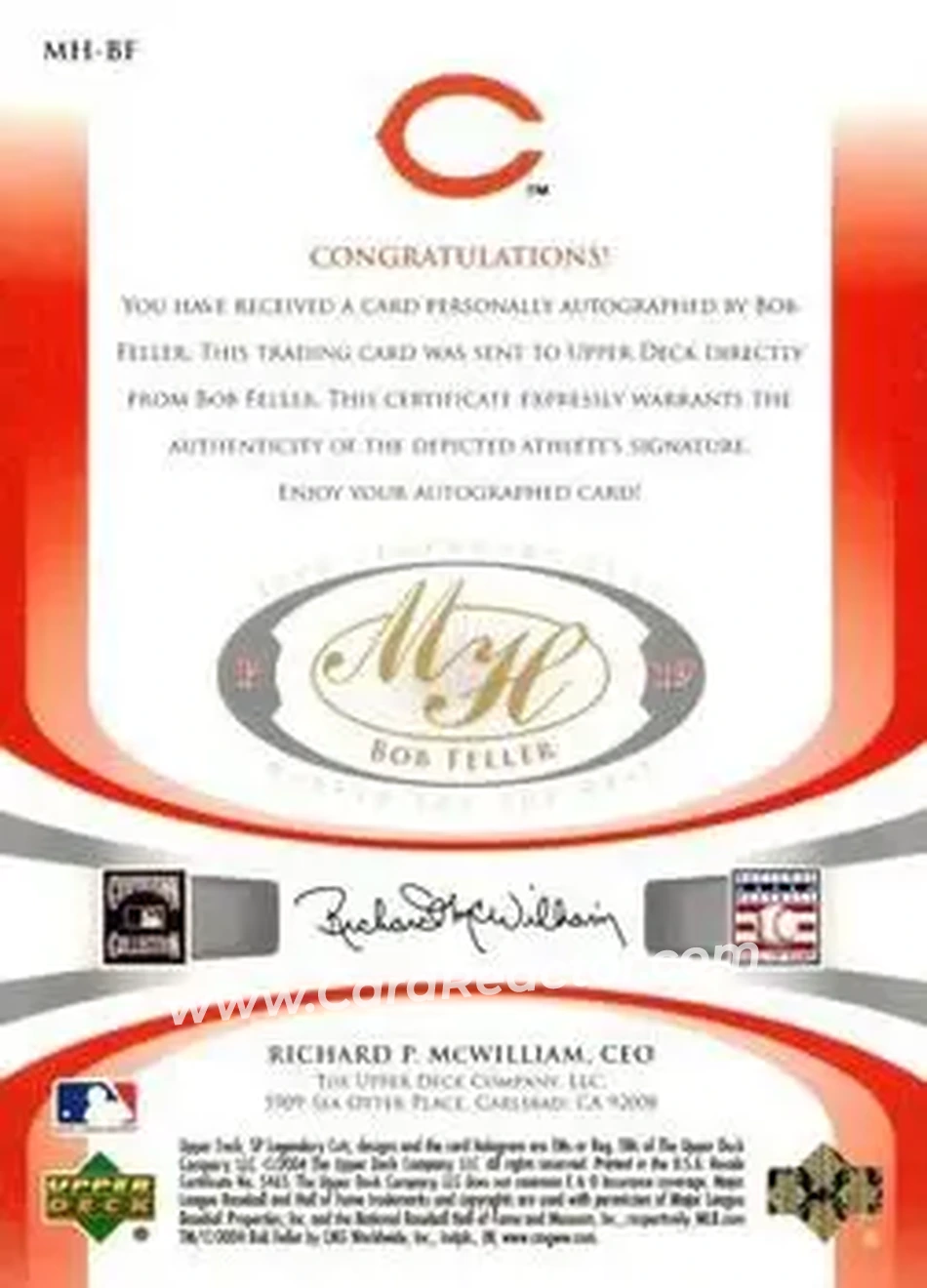 2004 SP Legendary Cuts - Marked for the Hall #MH-BF - Bob Feller - Cleveland Indians - Back
