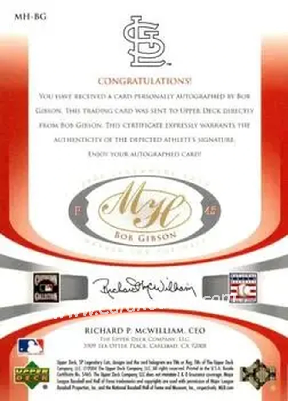 2004 SP Legendary Cuts - Marked for the Hall #MH-BG - Bob Gibson - St. Louis Cardinals - Back