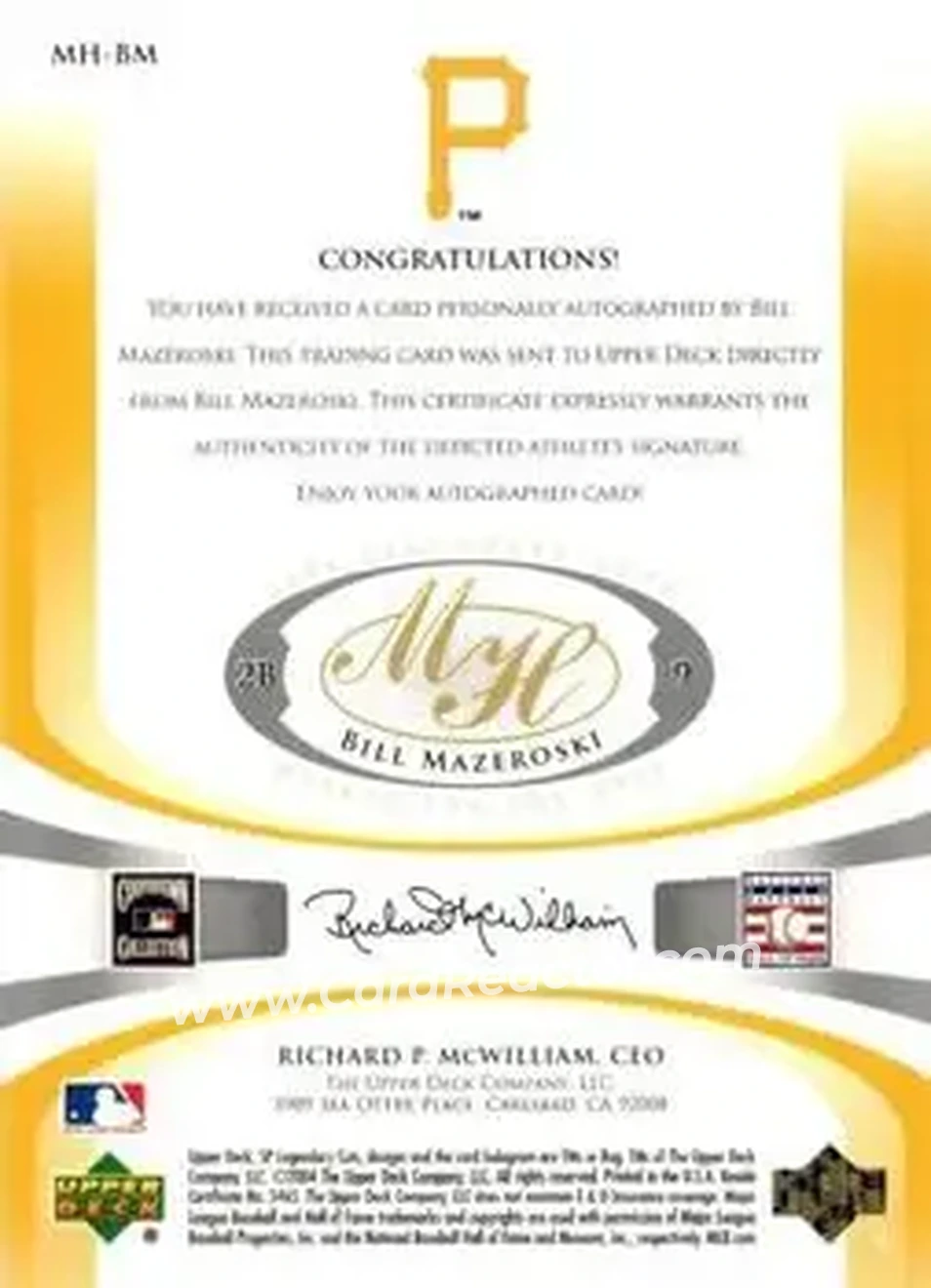 2004 SP Legendary Cuts - Marked for the Hall #MH-BM - Bill Mazeroski - Pittsburgh Pirates - Back