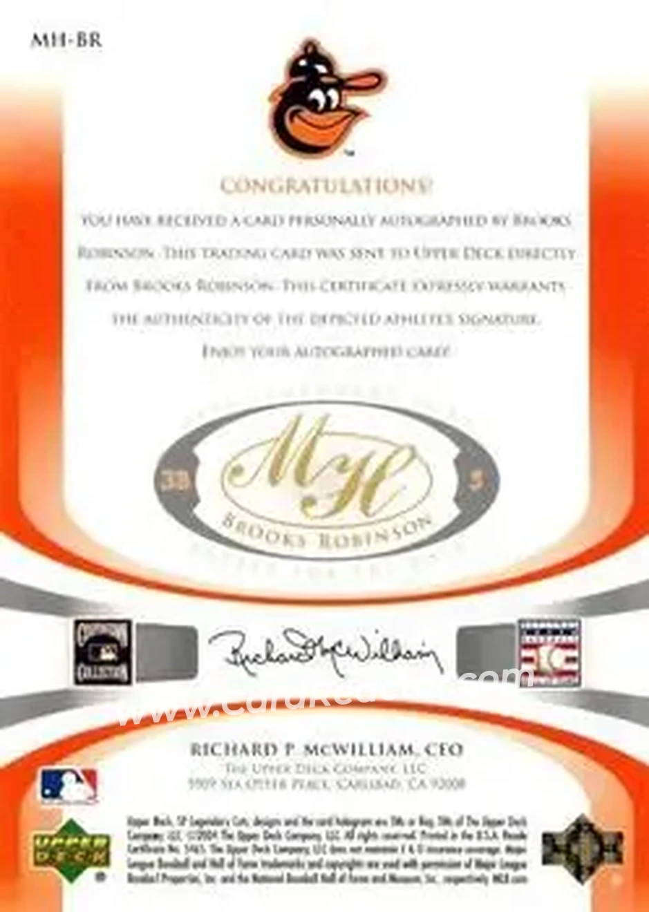 2004 SP Legendary Cuts - Marked for the Hall #MH-BR - Brooks Robinson - Baltimore Orioles - Back