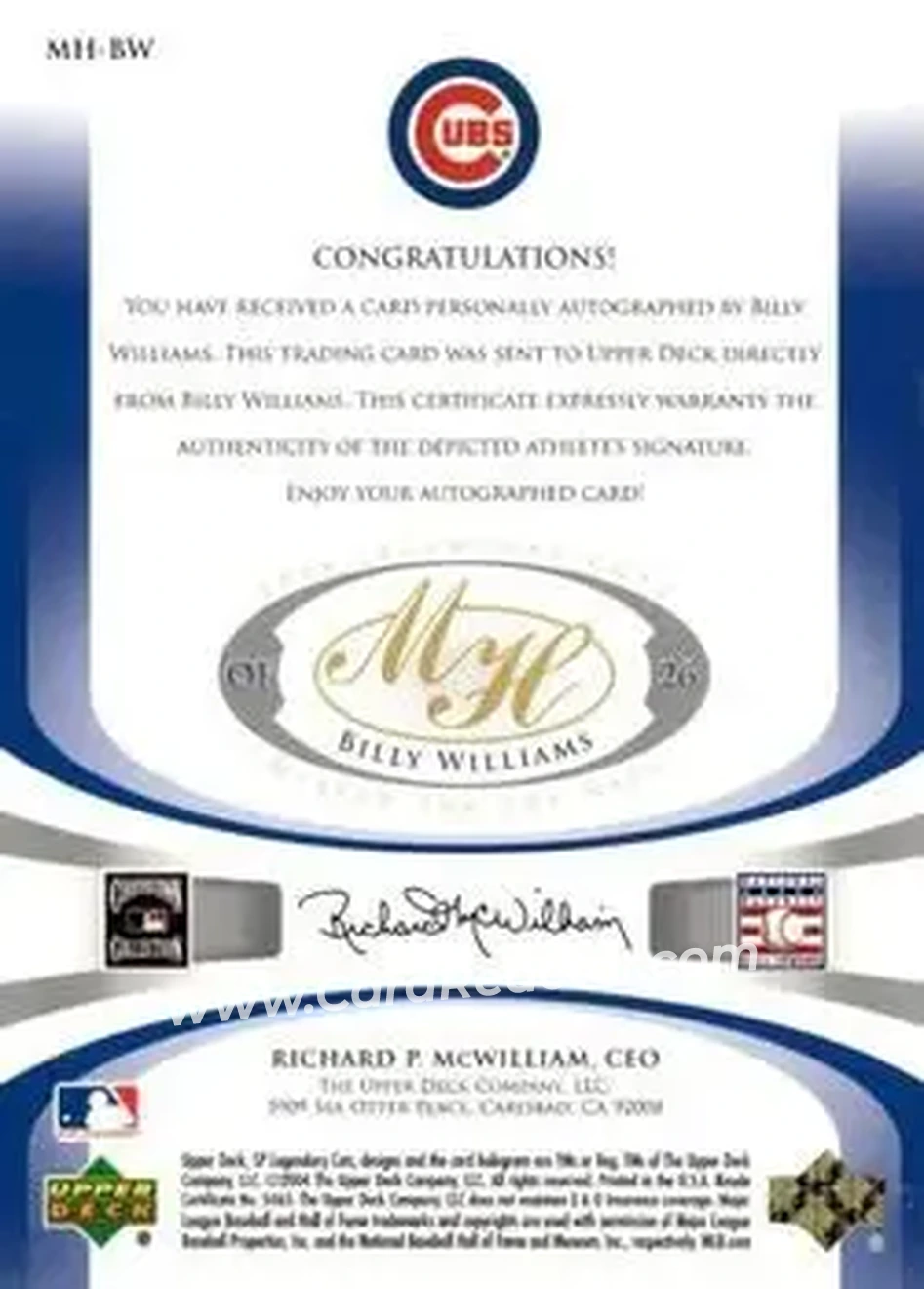 2004 SP Legendary Cuts - Marked for the Hall #MH-BW - Billy Williams - Chicago Cubs - Back
