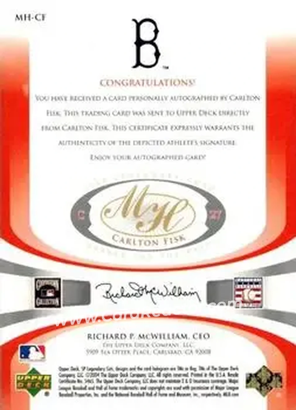 2004 SP Legendary Cuts - Marked for the Hall #MH-CF - Carlton Fisk - Boston Red Sox - Back