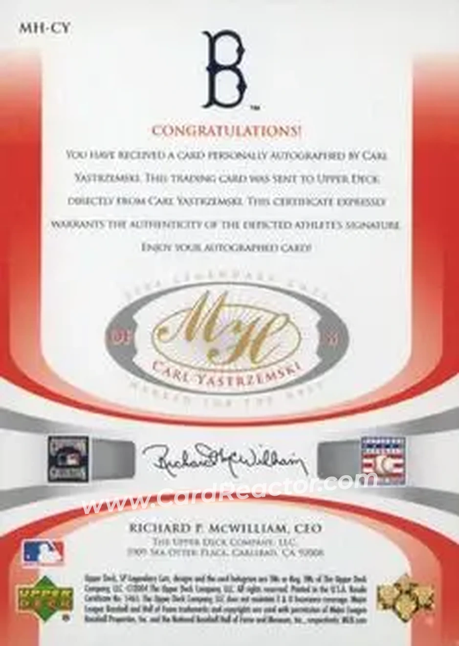 2004 SP Legendary Cuts - Marked for the Hall #MH-CY - Carl Yastrzemski - Boston Red Sox - Back