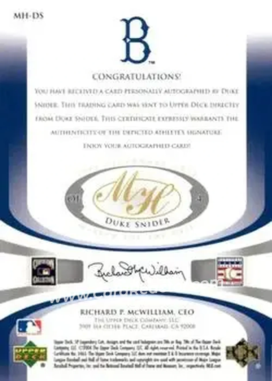 2004 SP Legendary Cuts - Marked for the Hall #MH-DS - Edwin "Duke" Snider - Brooklyn Dodgers - Back