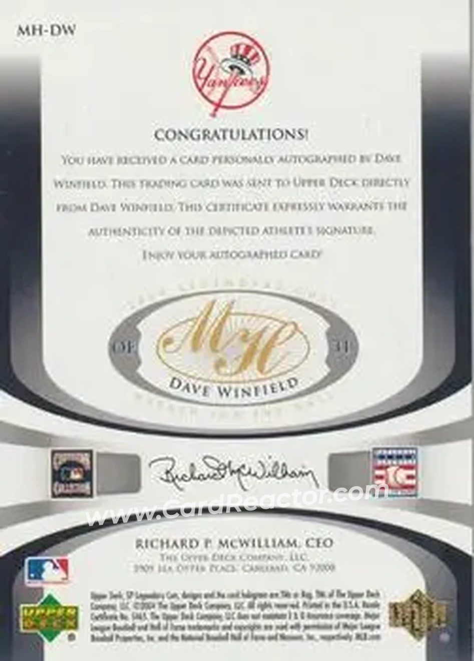 2004 SP Legendary Cuts - Marked for the Hall #MH-DW - Dave Winfield - New York Yankees - Back