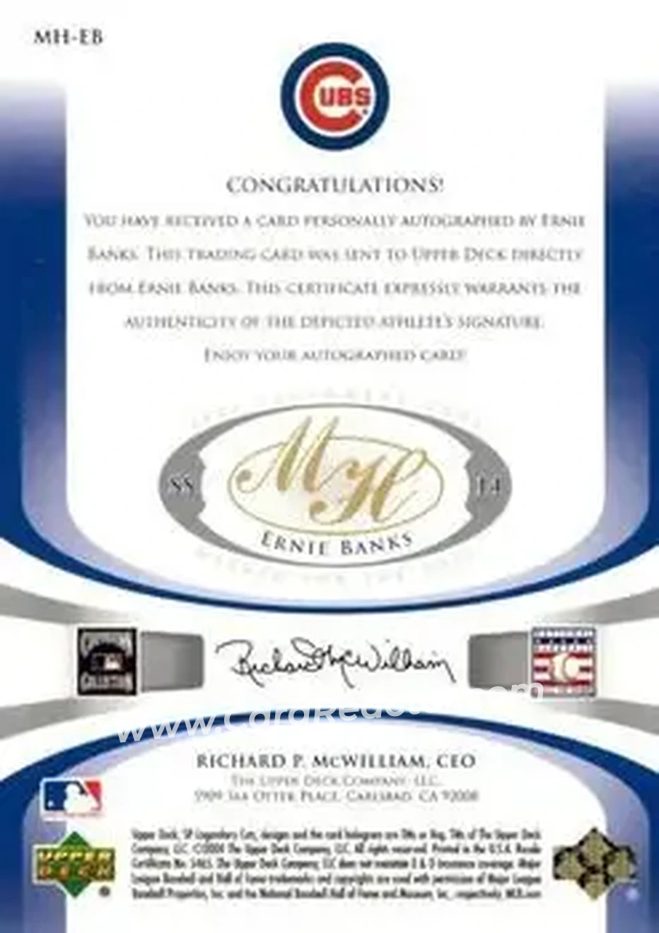 2004 SP Legendary Cuts - Marked for the Hall #MH-EB - Ernie Banks - Chicago Cubs - Back 2004 SP Legendary Cuts - Marked for the Hall #MH-EB - Ernie Banks - Chicago Cubs - Back