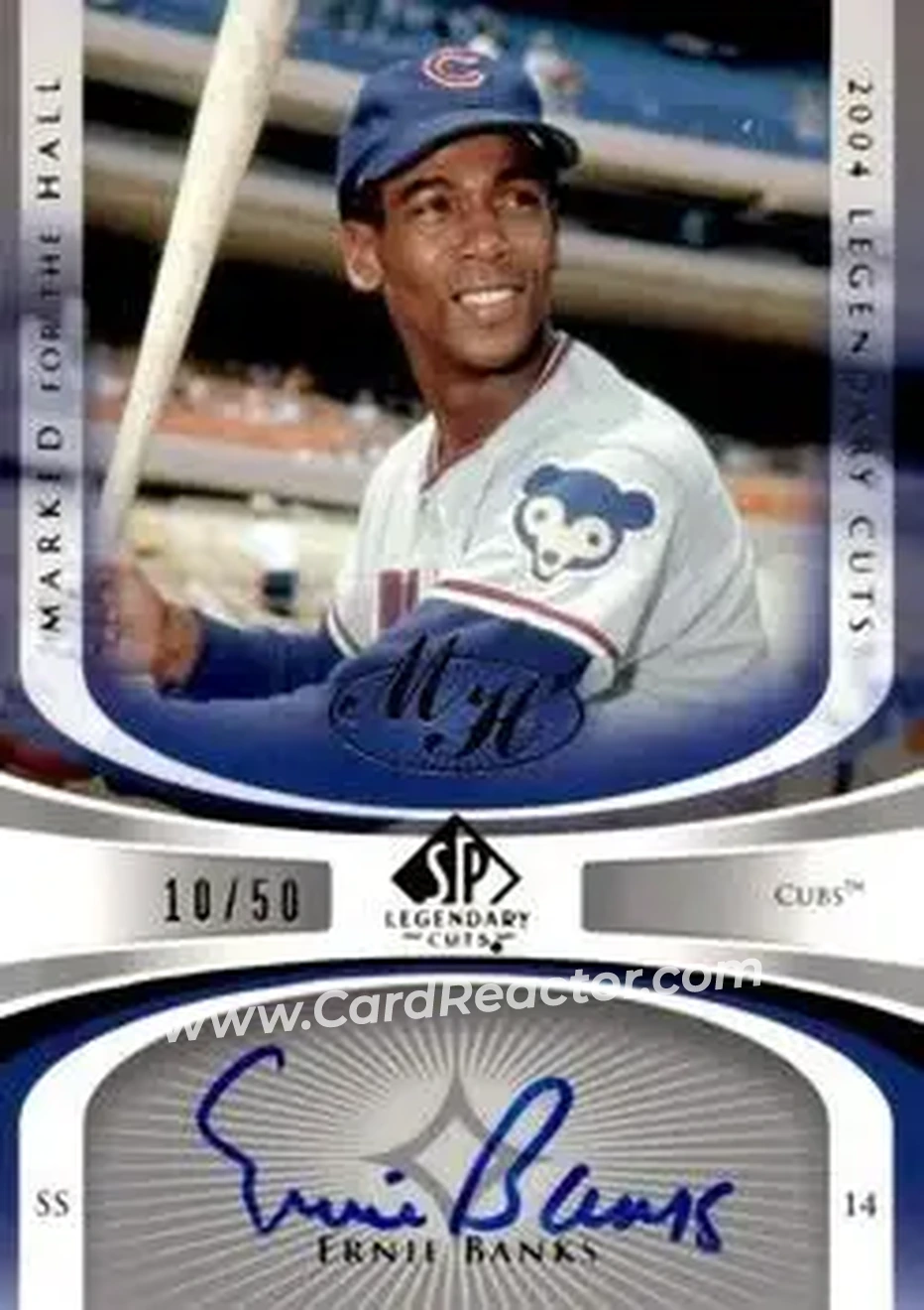 2004 SP Legendary Cuts - Marked for the Hall #MH-EB - Ernie Banks - Chicago Cubs - Front 2004 SP Legendary Cuts - Marked for the Hall #MH-EB - Ernie Banks - Chicago Cubs - Front