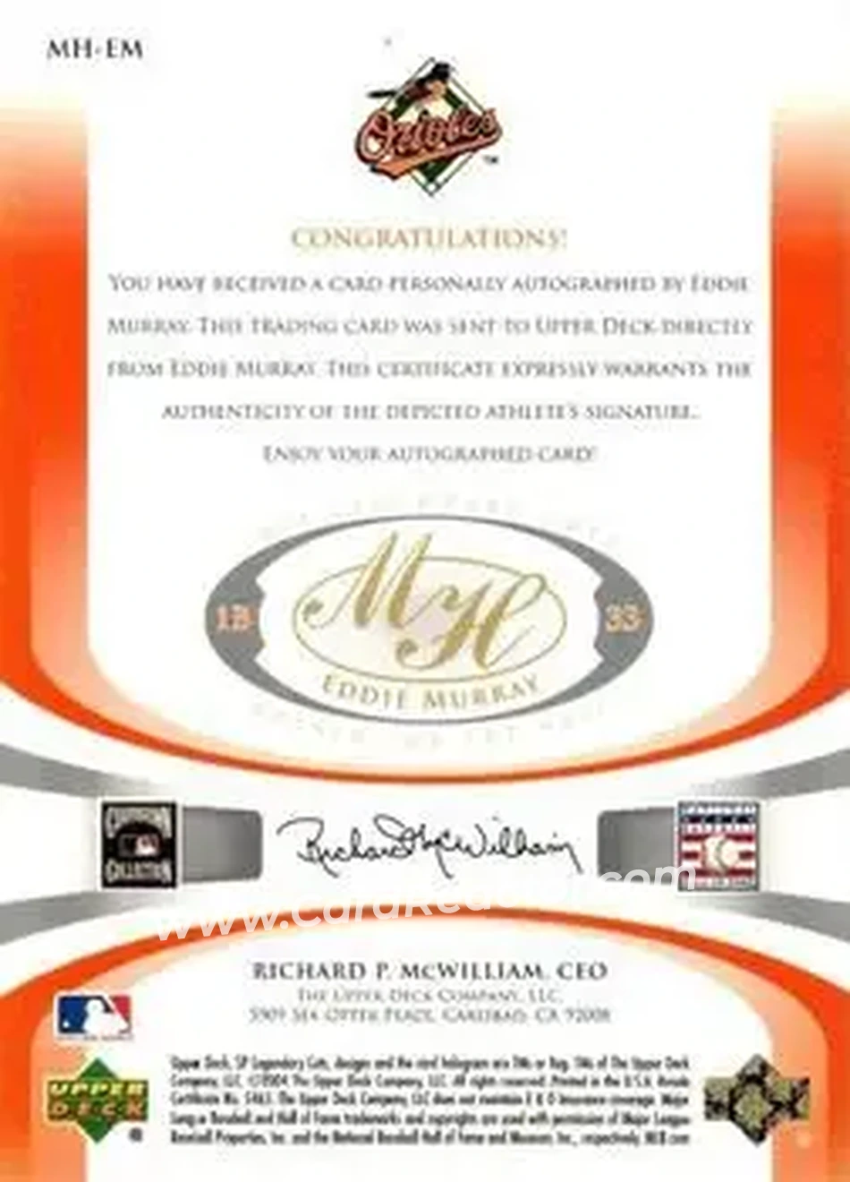 2004 SP Legendary Cuts - Marked for the Hall #MH-EM - Eddie Murray - Baltimore Orioles - Back 2004 SP Legendary Cuts - Marked for the Hall #MH-EM - Eddie Murray - Baltimore Orioles - Back