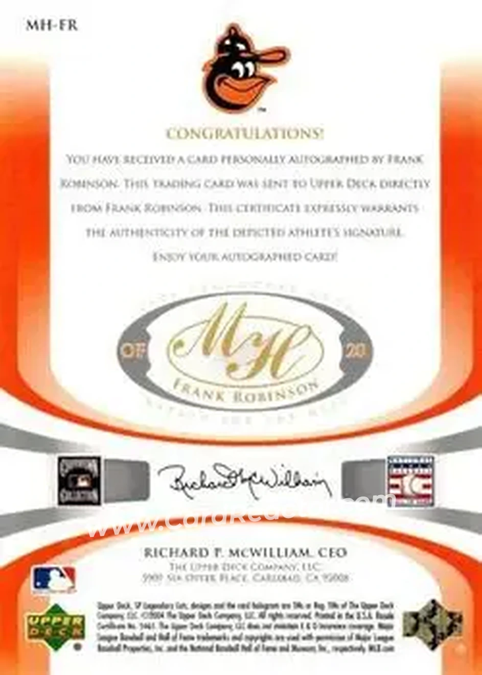 2004 SP Legendary Cuts - Marked for the Hall #MH-FR - Frank Robinson - Baltimore Orioles - Back