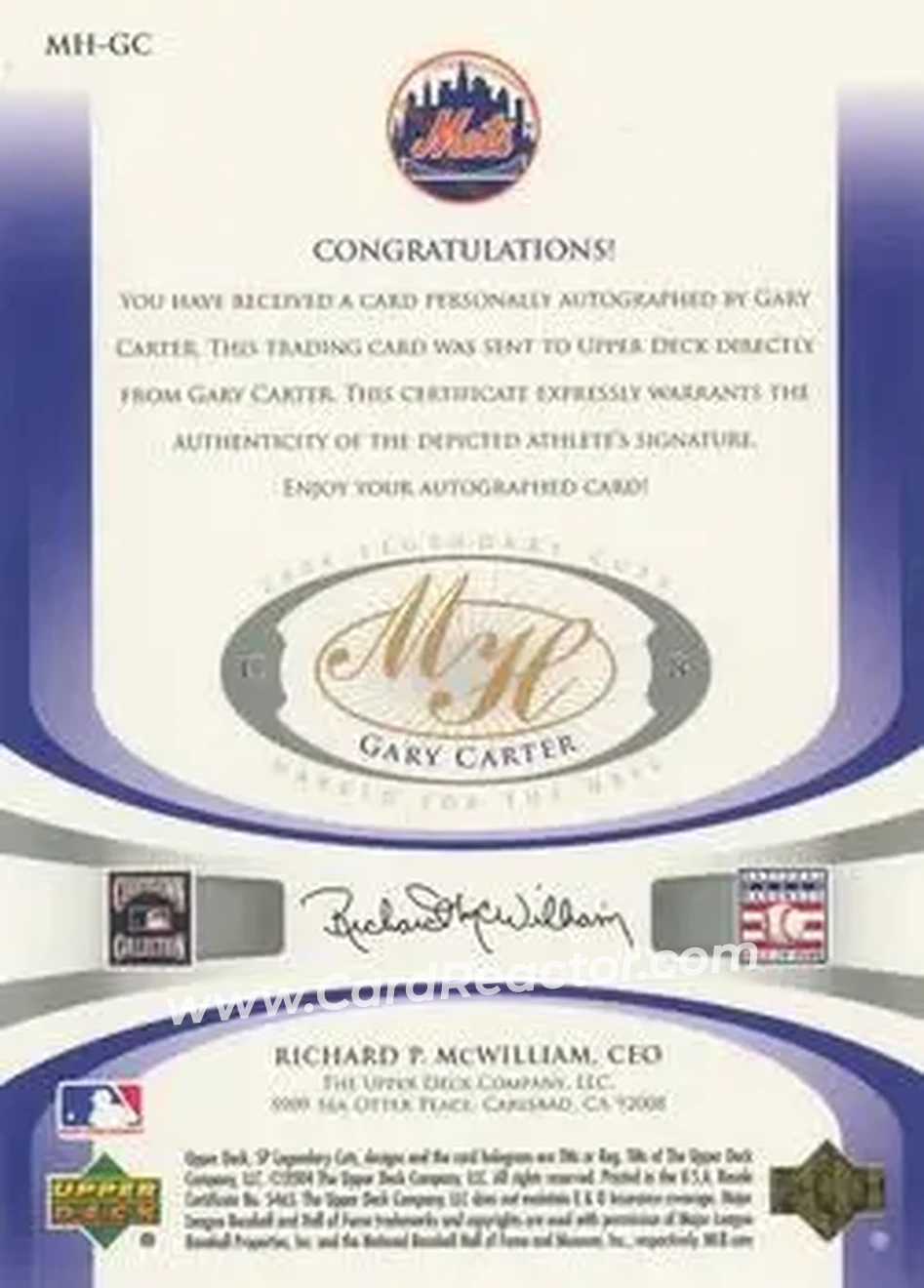 2004 SP Legendary Cuts - Marked for the Hall #MH-GC - Gary Carter - New York Mets - Back