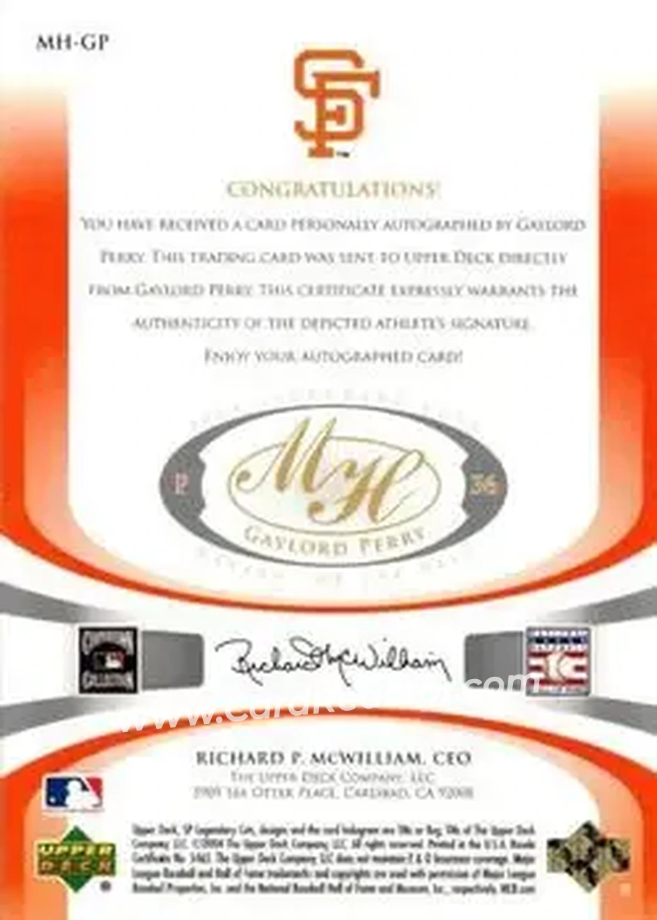 2004 SP Legendary Cuts - Marked for the Hall #MH-GP - Gaylord Perry - San Francisco Giants - Back