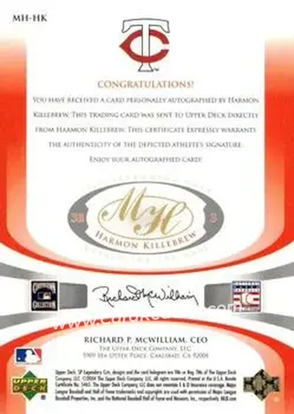 2004 SP Legendary Cuts - Marked for the Hall #MH-HK - Harmon Killebrew - Minnesota Twins - Back