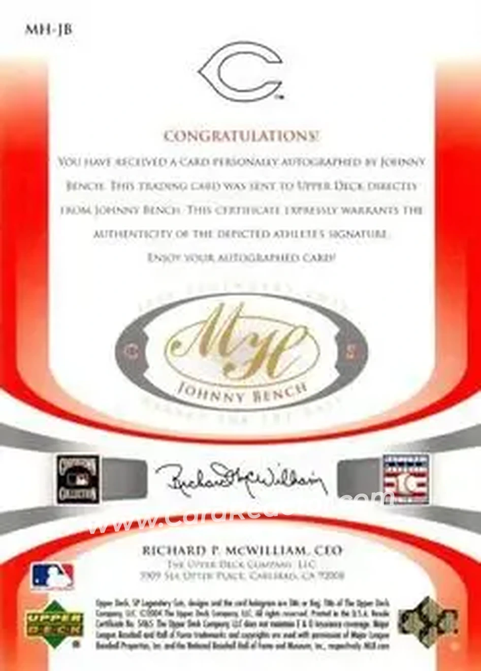 2004 SP Legendary Cuts - Marked for the Hall #MH-JB - Johnny Bench - Cincinnati Reds - Back