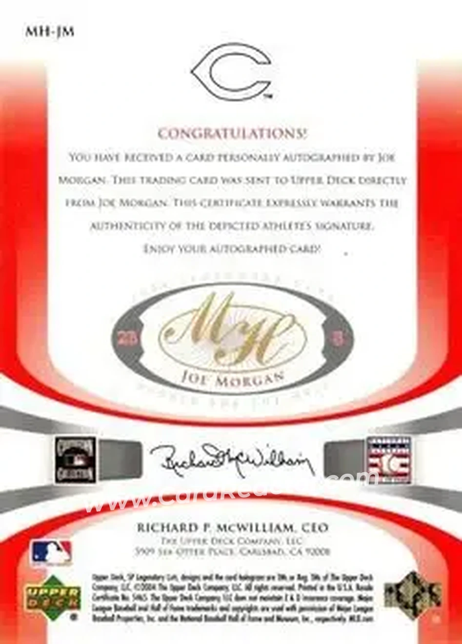 2004 SP Legendary Cuts - Marked for the Hall #MH-JM - Joe Morgan - Cincinnati Reds - Back
