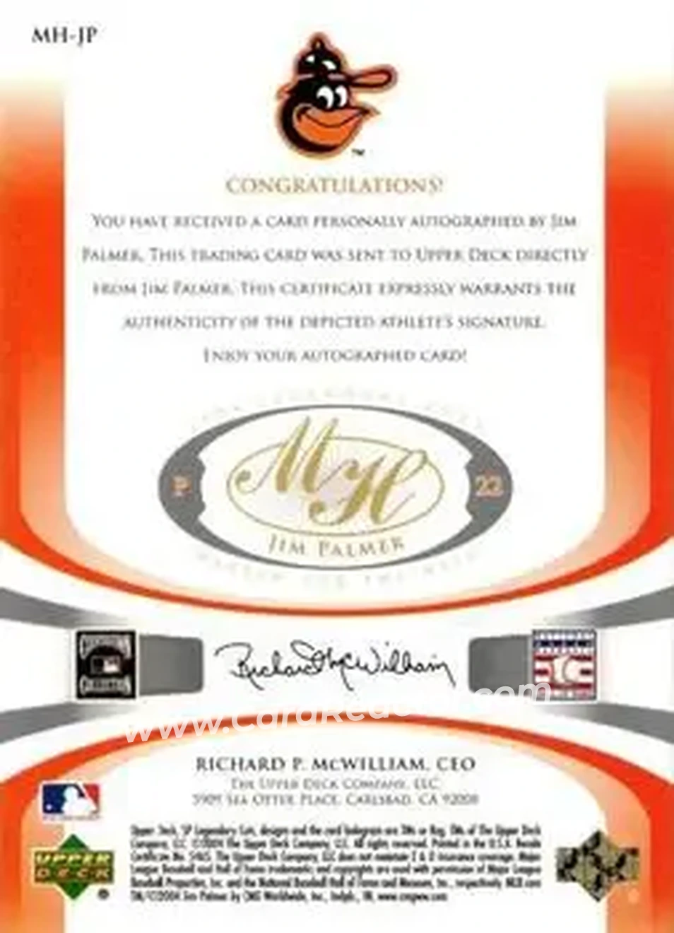 2004 SP Legendary Cuts - Marked for the Hall #MH-JP - Jim Palmer - Baltimore Orioles - Back