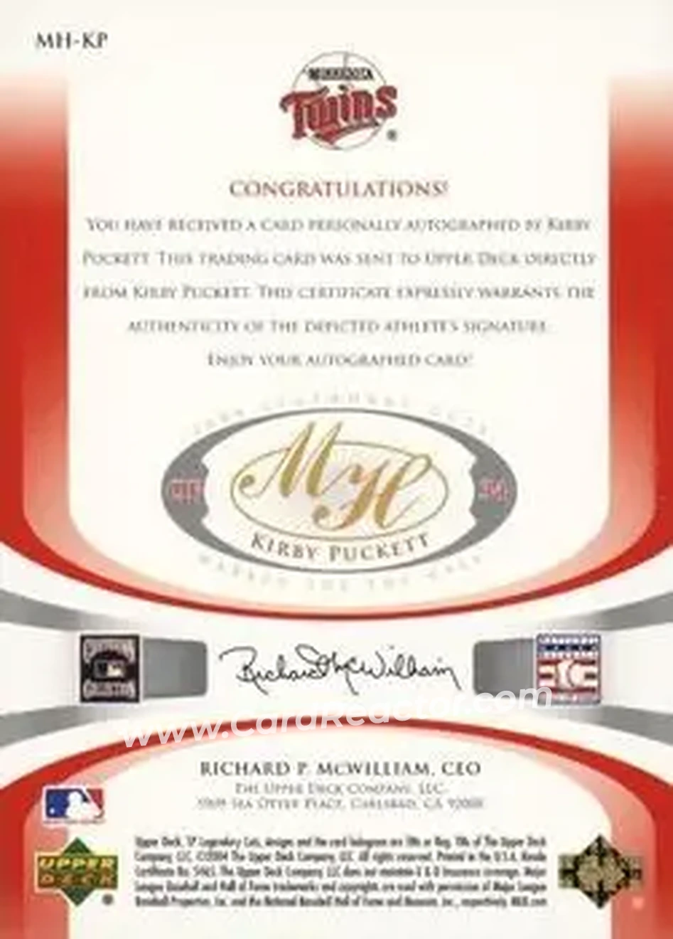 2004 SP Legendary Cuts - Marked for the Hall #MH-KP - Kirby Puckett - Minnesota Twins - Back