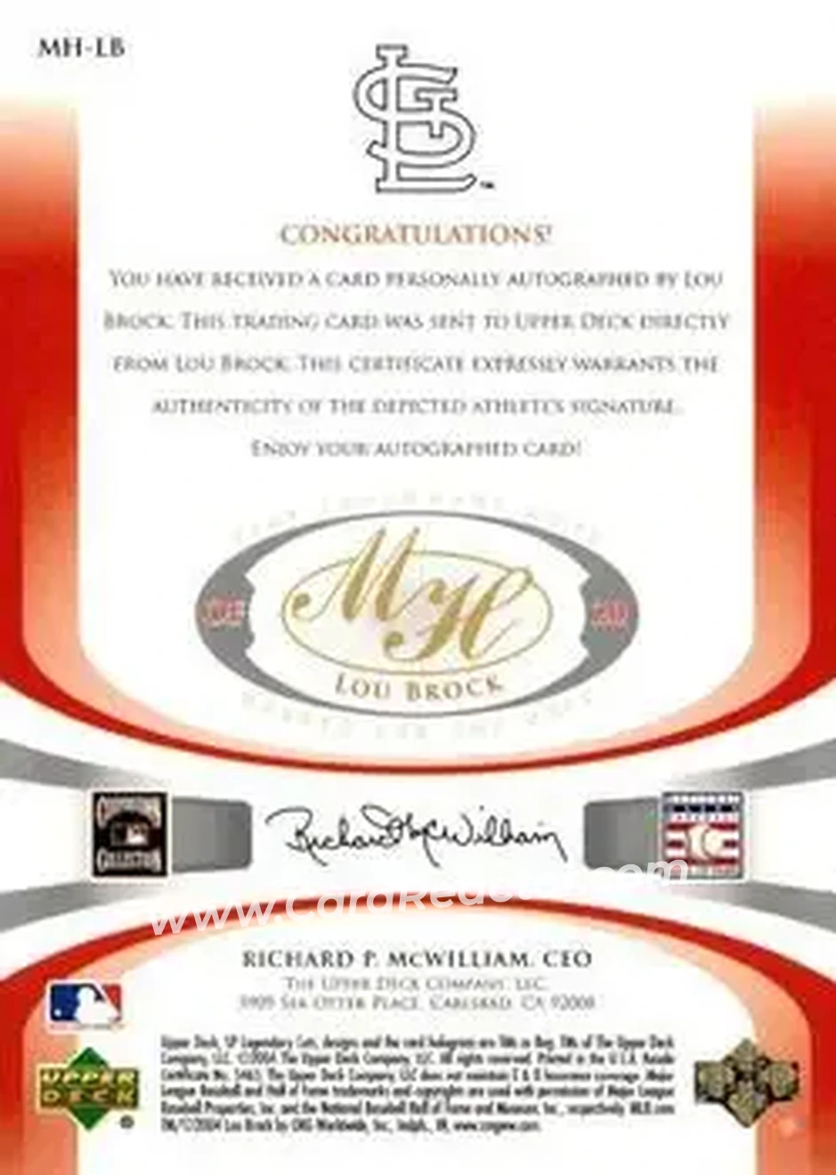 2004 SP Legendary Cuts - Marked for the Hall #MH-LB - Lou Brock - St. Louis Cardinals - Back