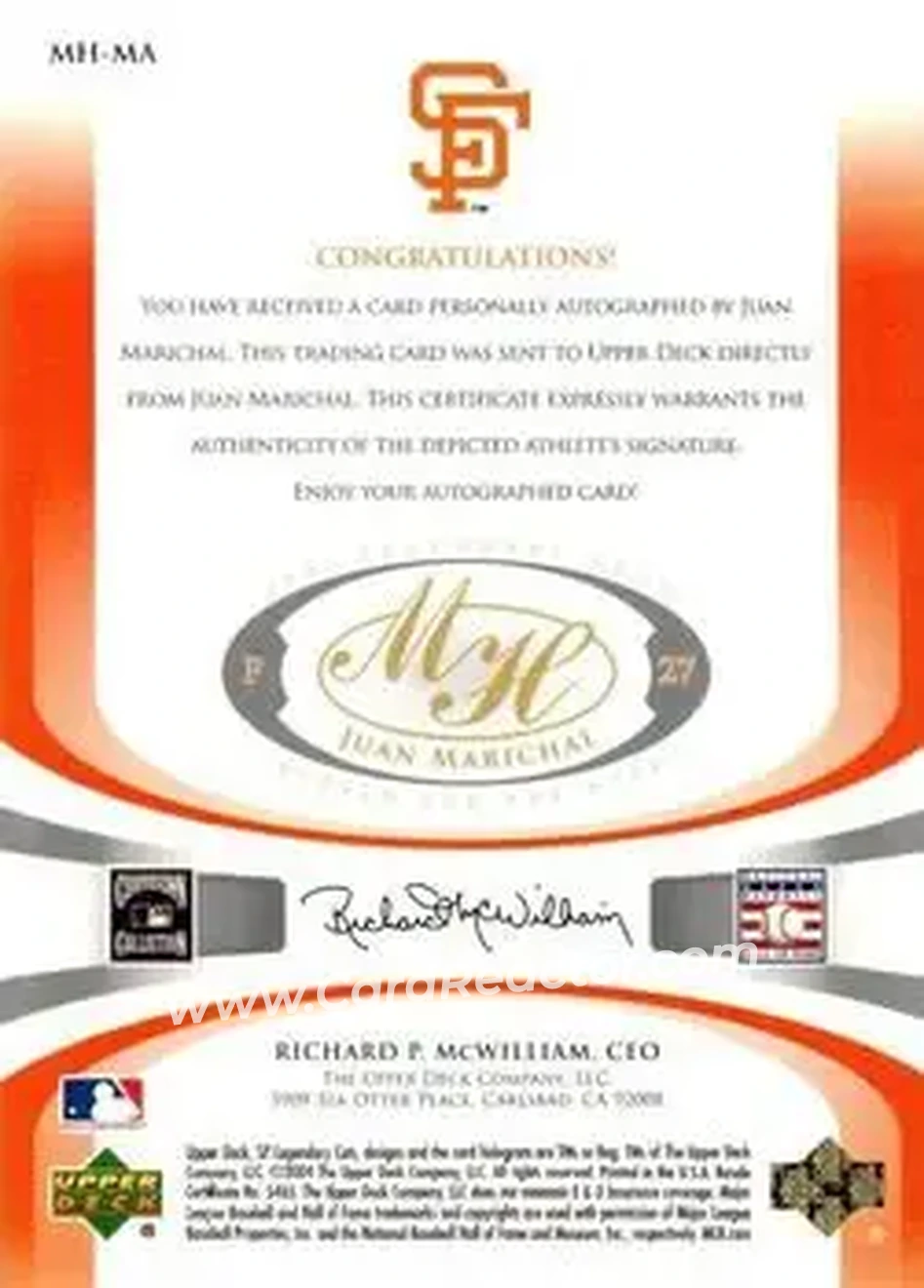 2004 SP Legendary Cuts - Marked for the Hall #MH-MA - Juan Marichal - San Francisco Giants - Back