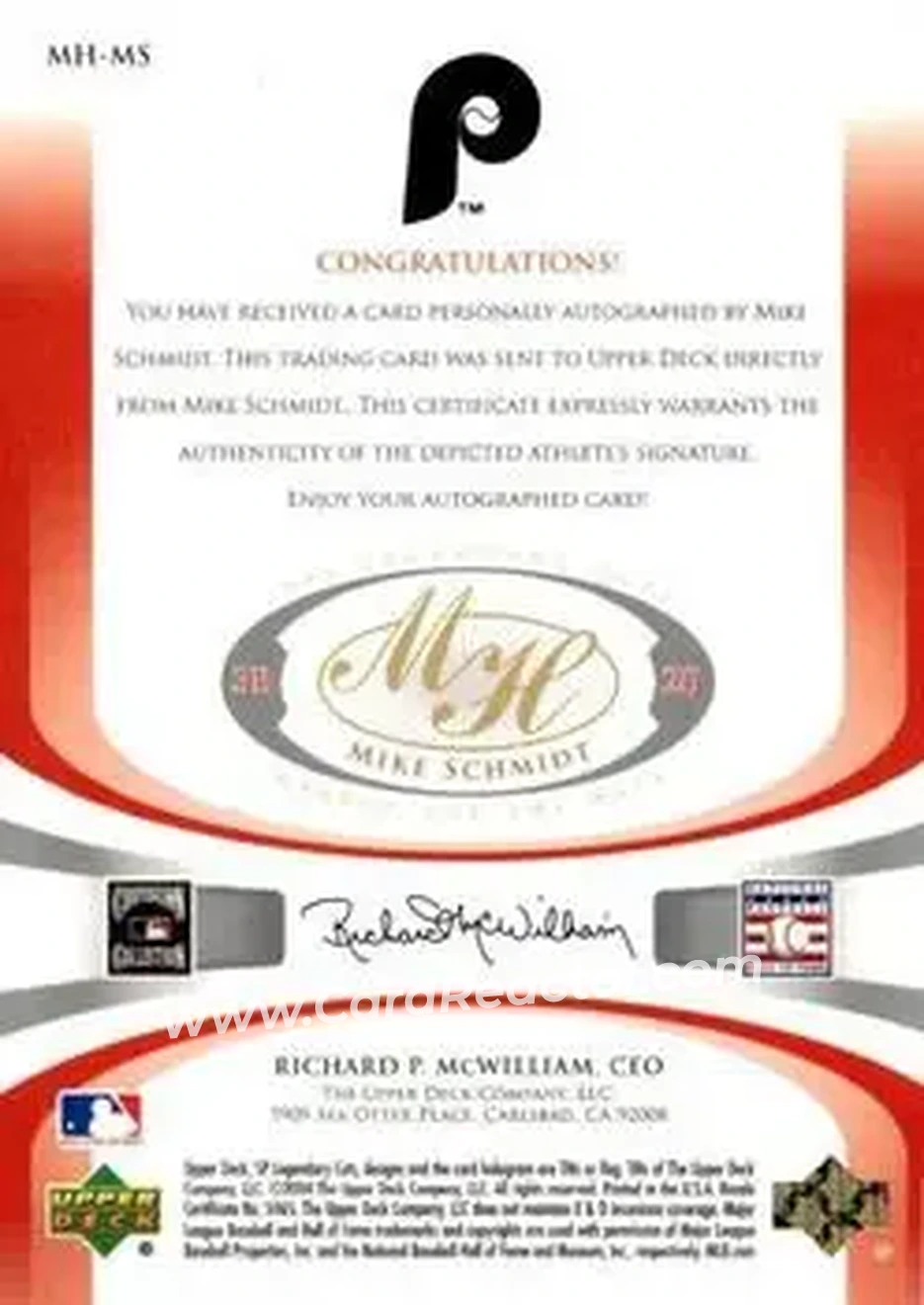 2004 SP Legendary Cuts - Marked for the Hall #MH-MS - Mike Schmidt - Philadelphia Phillies - Back