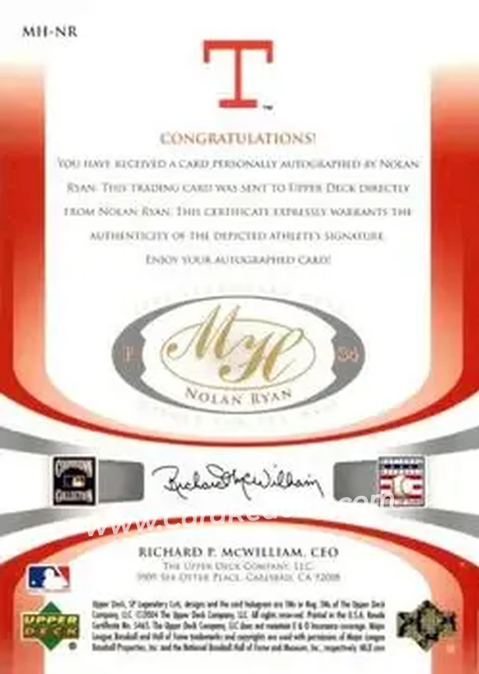 2004 SP Legendary Cuts - Marked for the Hall #MH-NR - Nolan Ryan - Texas Rangers - Back 2004 SP Legendary Cuts - Marked for the Hall #MH-NR - Nolan Ryan - Texas Rangers - Back