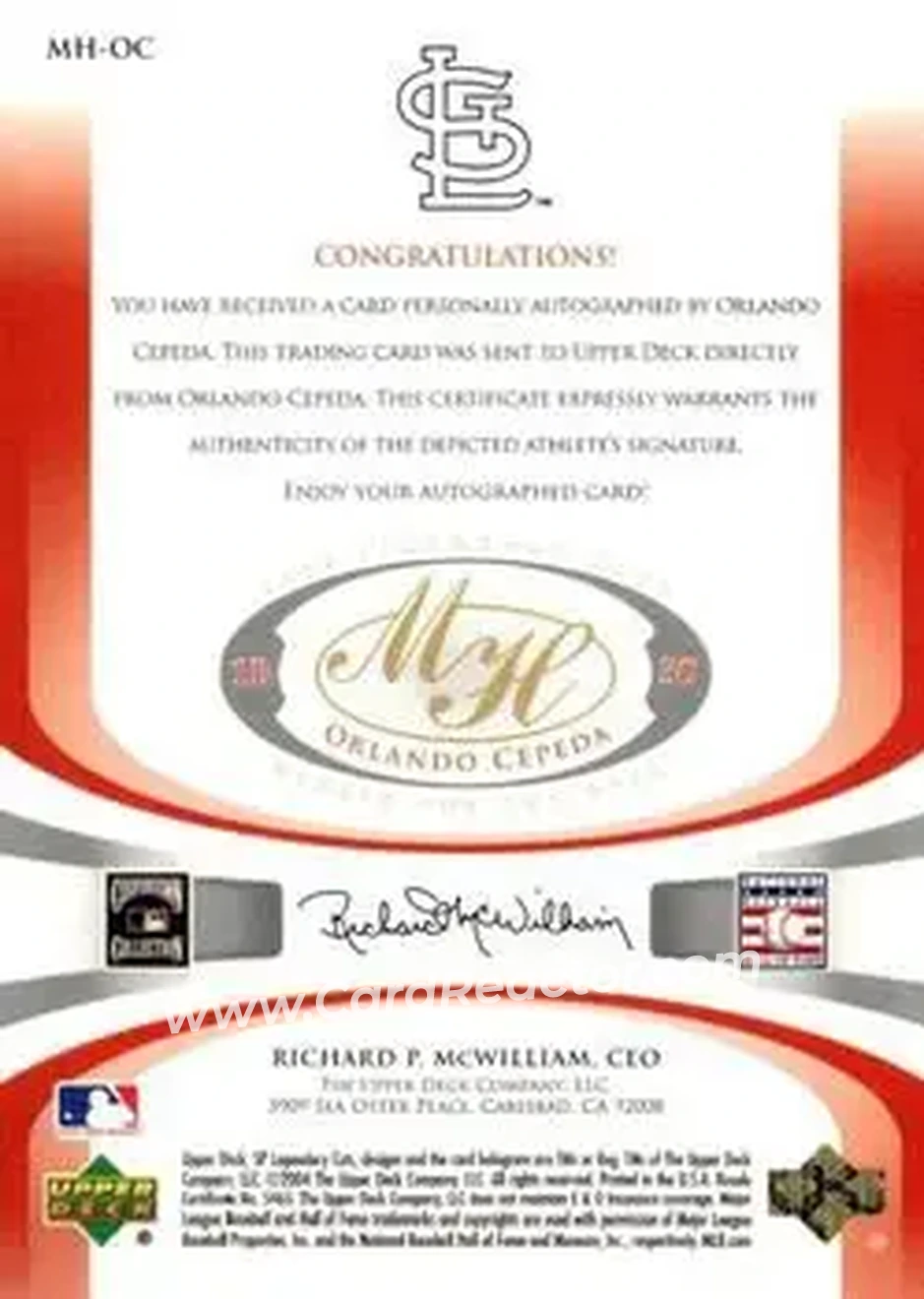 2004 SP Legendary Cuts - Marked for the Hall #MH-OC - Orlando Cepeda - St. Louis Cardinals - Back