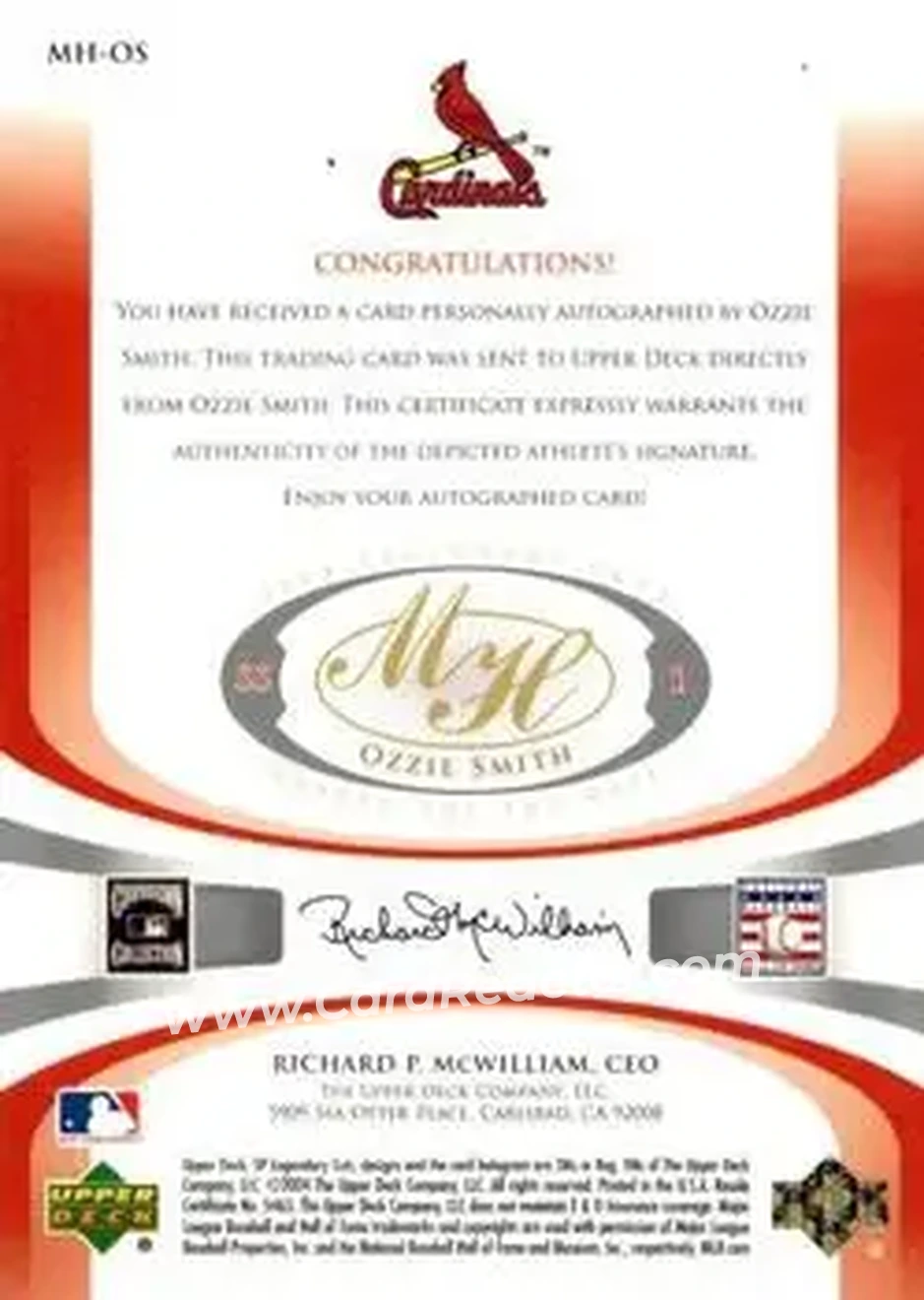 2004 SP Legendary Cuts - Marked for the Hall #MH-OS - Ozzie Smith - St. Louis Cardinals - Back