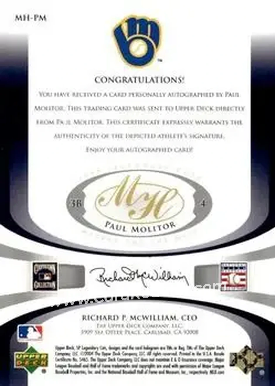 2004 SP Legendary Cuts - Marked for the Hall #MH-PM - Paul Molitor - Milwaukee Brewers - Back